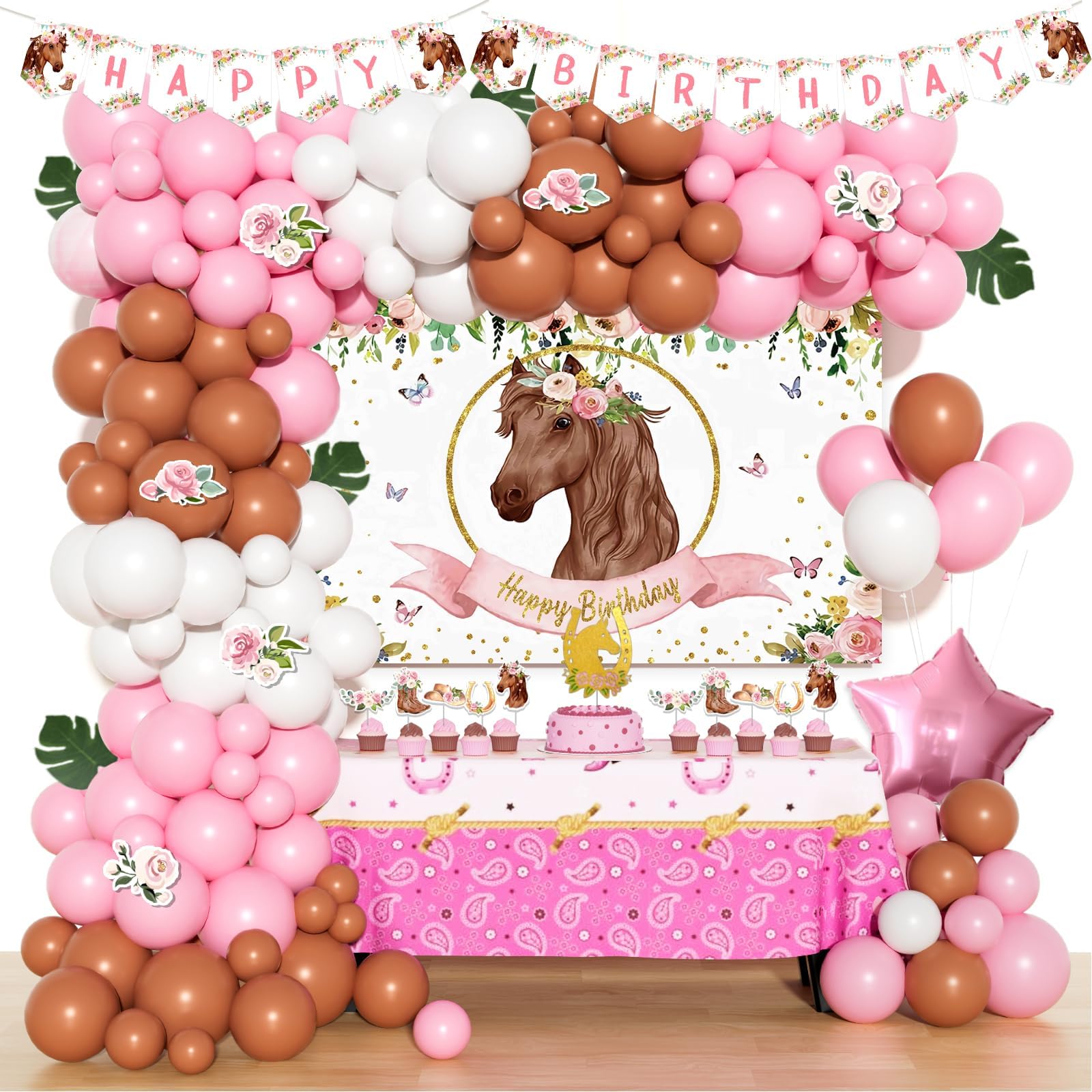 Horse Themed Birthday Party Decorations for Girls - Western Cowgirl Party Supplies Set with Backdrop, Balloons, Leaves, Happy Birthday Banner, Tablecloth, Cake Topper in Floral Pink & Brown | Perfect for Western-Themed Birthday Parties, Baby Showers & Cowgirl Celebrations