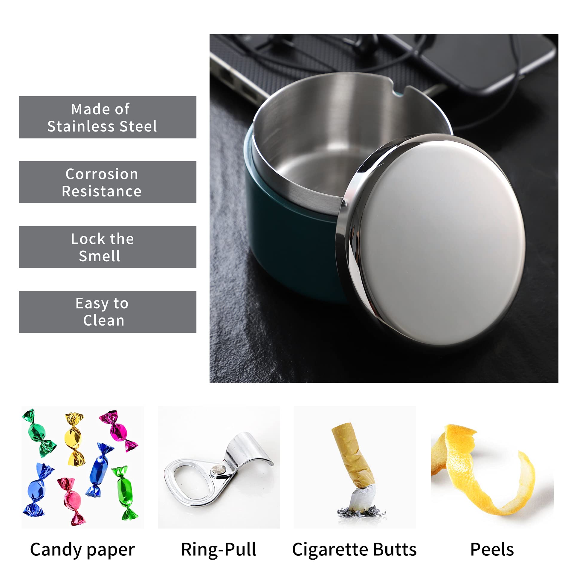 Smokeless Ashtray with Lid - Stainless Steel Windproof Ash Tray for Indoor & Outdoor Use - Durable, Easy to Clean Smoking Accessory for Home, Office, Patio (Dark Green) - Perfect for Smokers Who Want a Clean & Odor-Free Environment