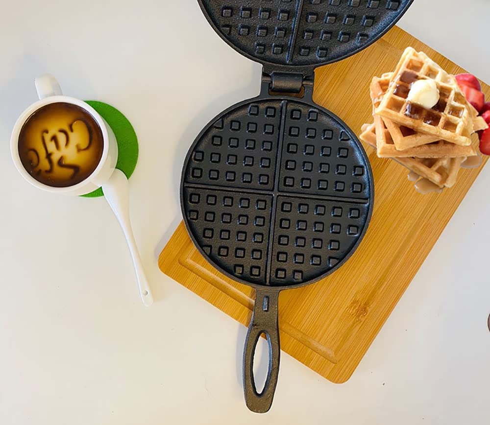 HAWOK Cast Iron Waffle Maker - Traditional Belgian Waffle Iron for Stovetop - Perfect for Breakfast, Camping & Homemade Desserts