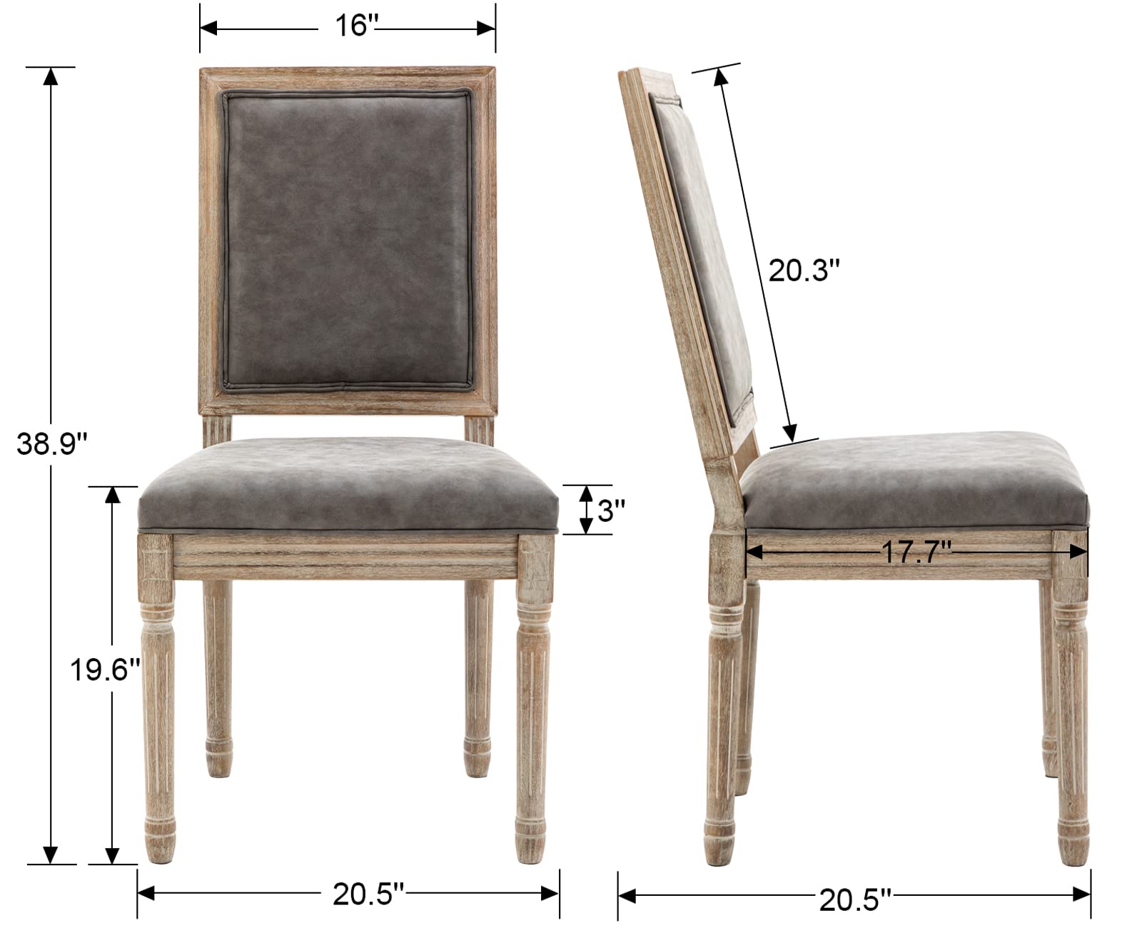 Kmax PU Leather Dining Chairs Set of 2 - French Farmhouse Style Square Back Chairs for Kitchen, Living Room & Dining Room - Comfortable Grey Seating for Home Decor & Entertaining
