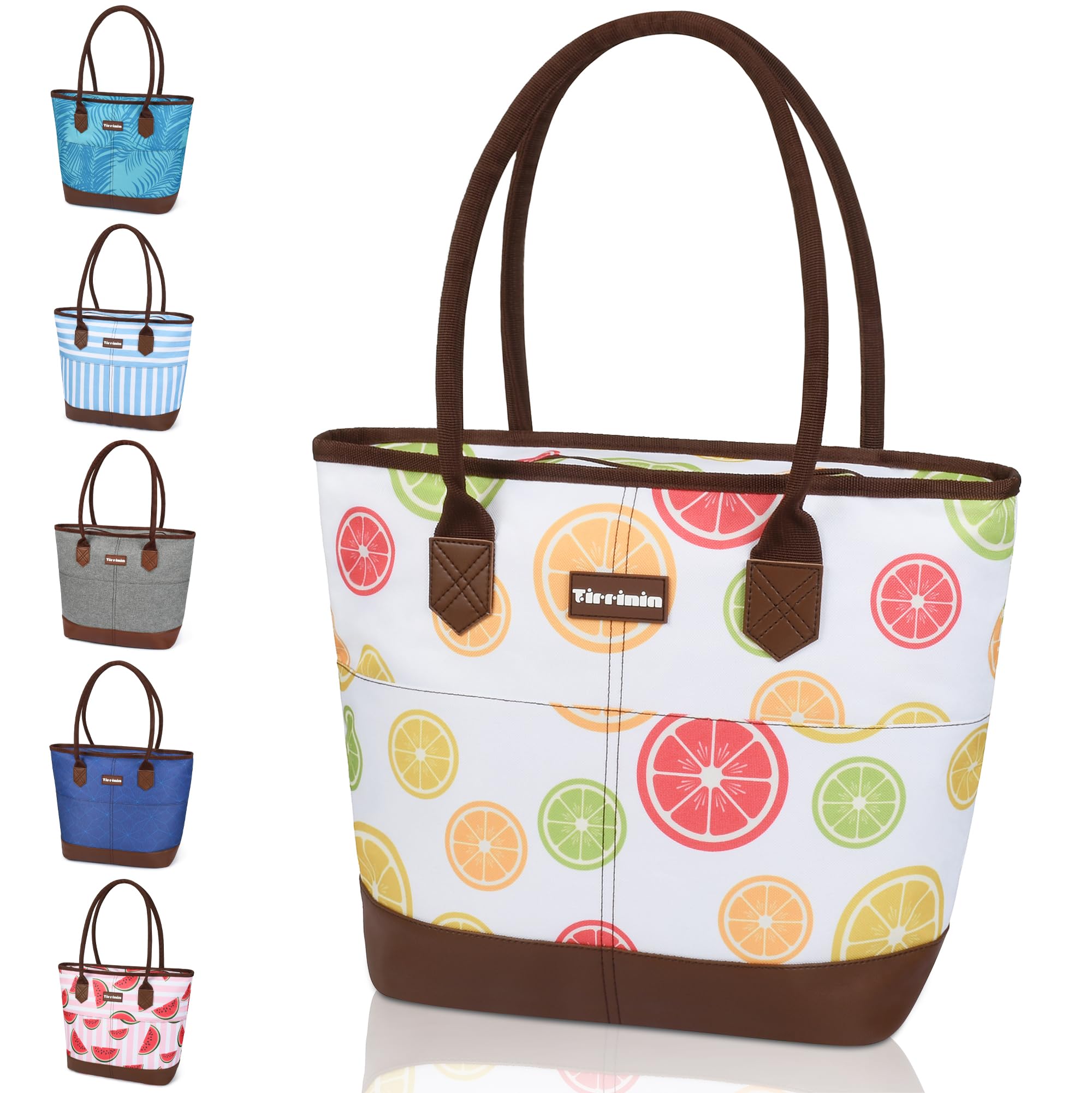 Tirrinia Large Insulated Lunch Tote Bag for Women - Waterproof Leakproof Cooler Bag with Zipper | Perfect for Work, Beach, Grocery Shopping & Frozen Food Storage | Stylish White Lemon Design