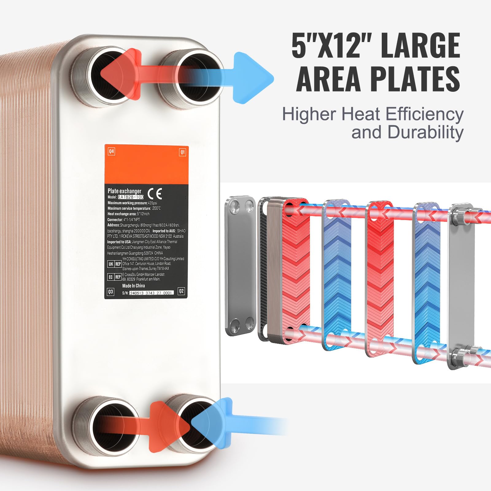 VEVOR 100 Plate Stainless Steel & Copper Heat Exchanger - High Efficiency Plate Heat Exchanger for HVAC, Industrial & Marine Applications - Perfect for Heating, Cooling & Heat Recovery Systems