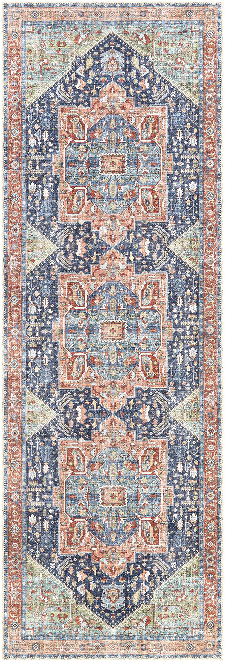 Hauteloom Exira Washable Runner Rug for Hallway & Kitchen - Traditional Design in Blue, Brick Red, Camel - 2'7