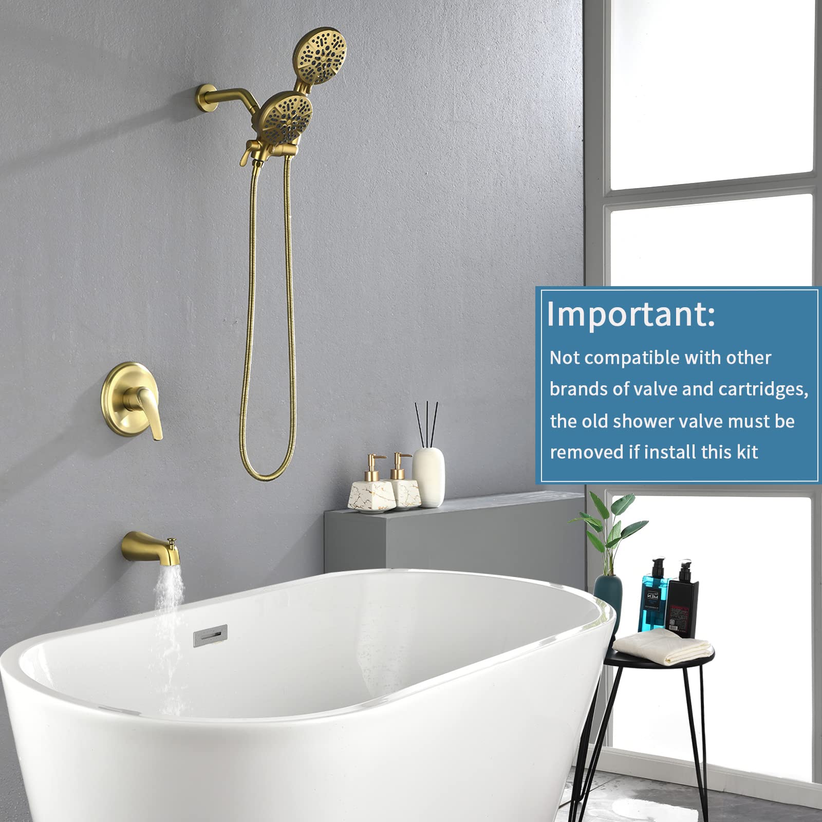 Brushed Gold Dual Shower Faucet Set with Tub Spout - Complete Shower System with Rainfall Shower Head & Handheld Sprayer - Perfect for Bathroom Renovation & Modern Home Upgrade