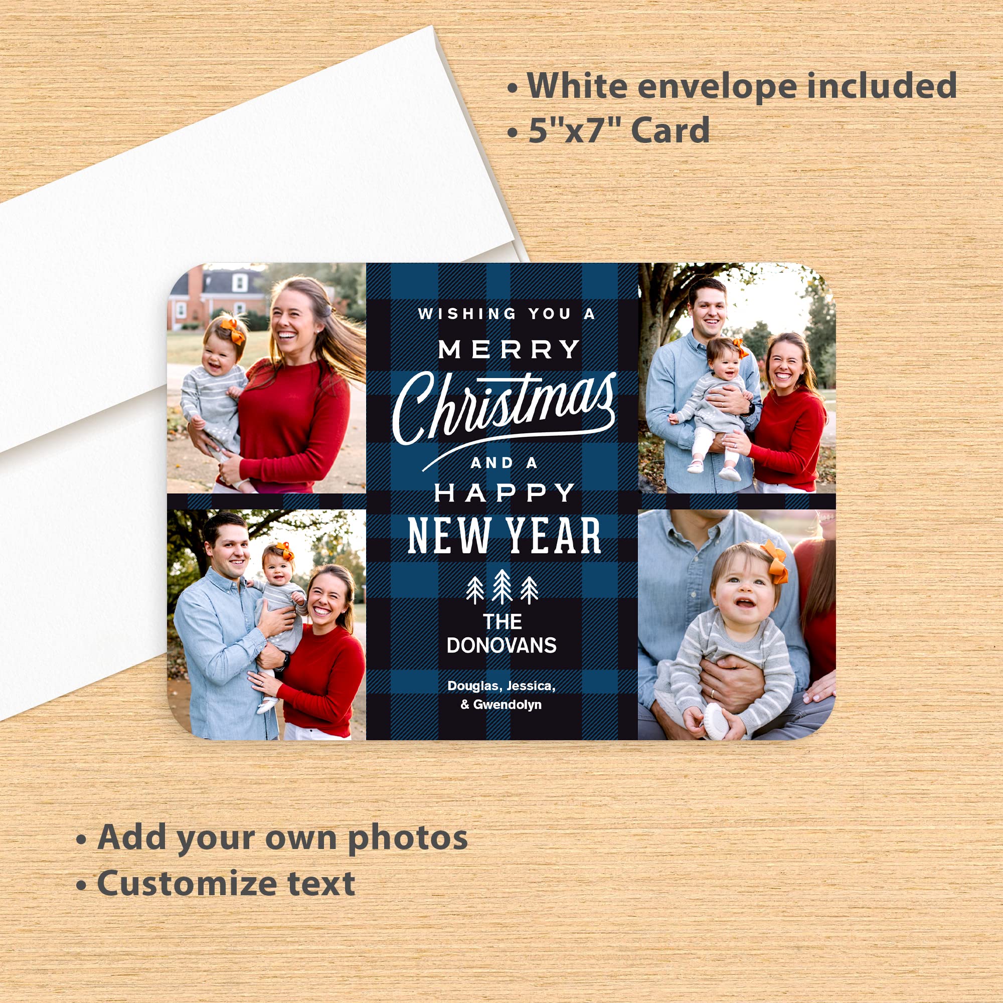 Personalized Photo Christmas Cards with Envelopes - Premium Quality 5x7 Holiday Greeting Cards for 2024 - Blue Plaid Design (100 Count) - Perfect for Family Photos, Holiday Wishes & Seasonal Greetings