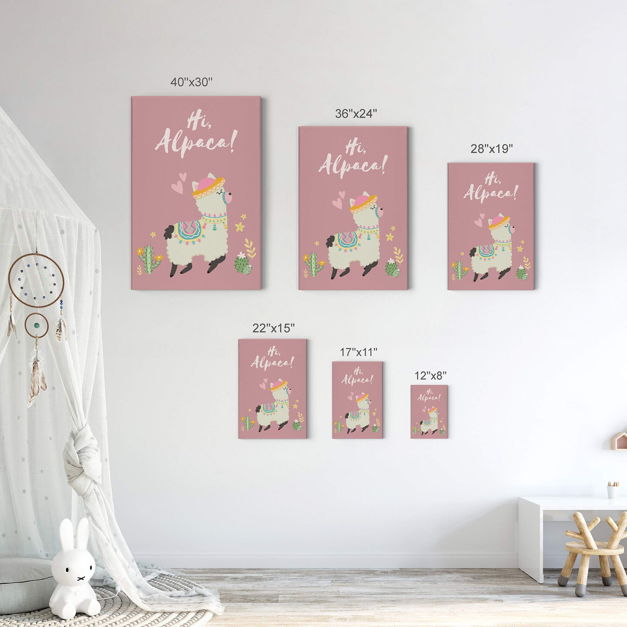 Smile Art Design Cute Alpaca Canvas Print Set - Pink, Purple & White Background - 3 Piece Kids Room Wall Art Decor for Baby Boy & Girl - Ready to Hang - Made in USA (36x24 x3) - Perfect for Nursery, Playroom & Children's Bedroom Decor