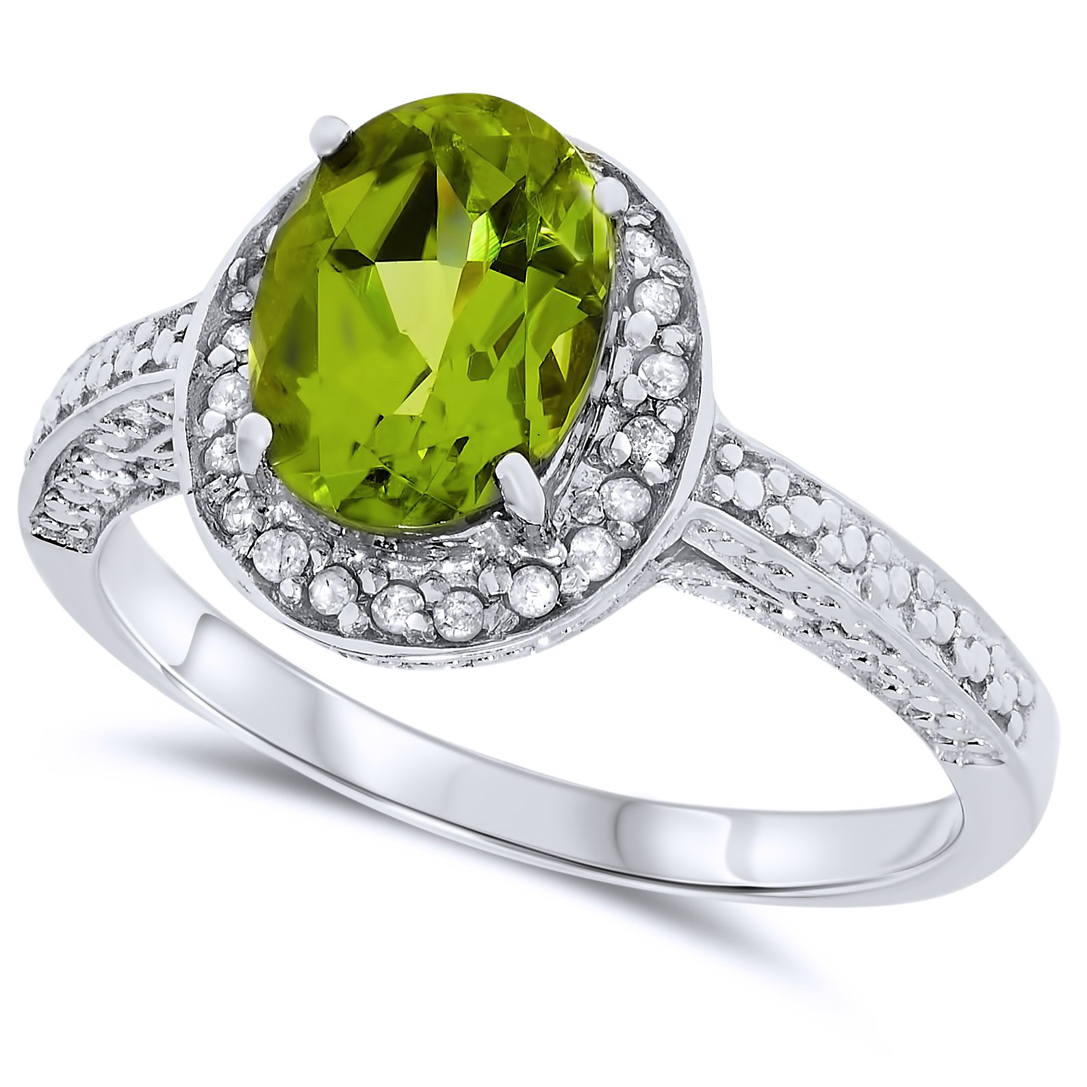 14K White Gold Genuine Peridot & Diamond Halo Ring - August Birthstone Jewelry for Women | Oval Cut Green Gemstone Engagement Ring for Anniversary, Valentine's Day, Mother's Day Gift | Perfect for Weddings, Proposals & Special Occasions - Size 7