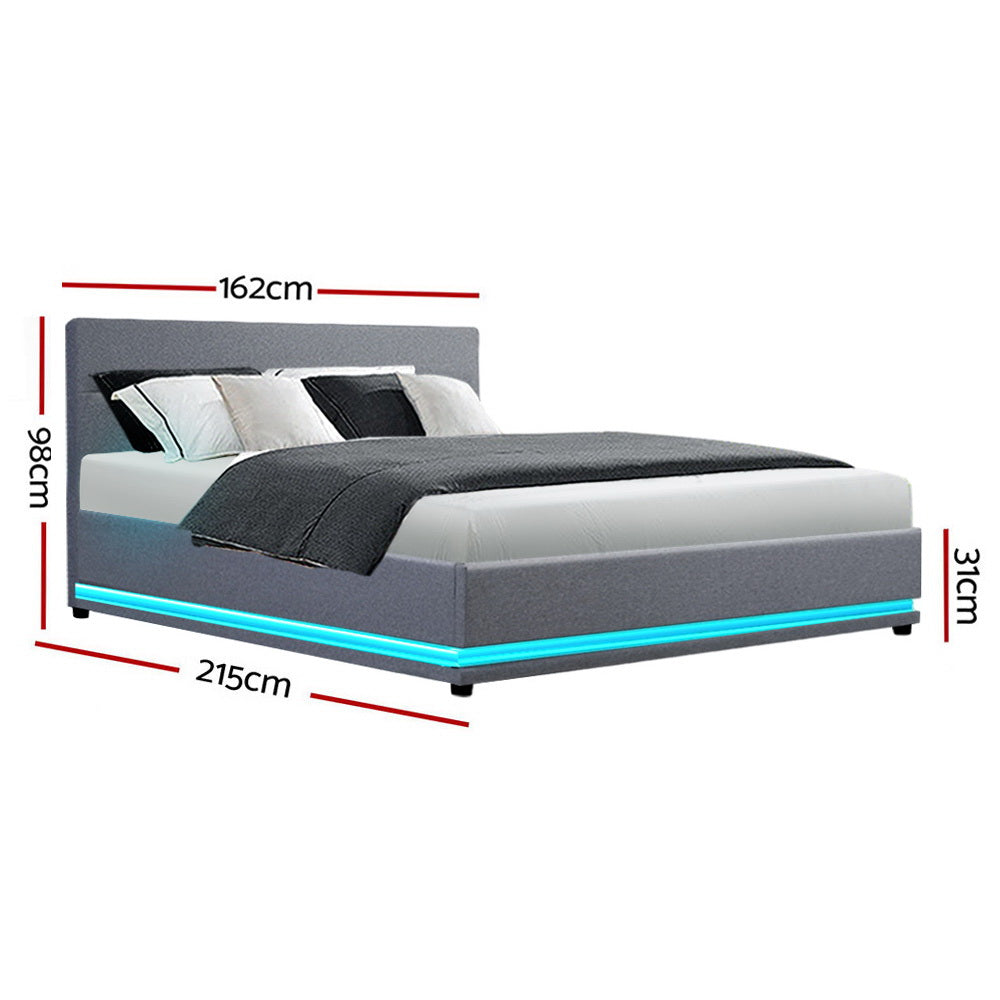 Henley Queen Size Gas Lift Storage Bed Frame with LED Lights - Grey Upholstered Platform Bed for Modern Bedroom, Guest Room, or Small Space