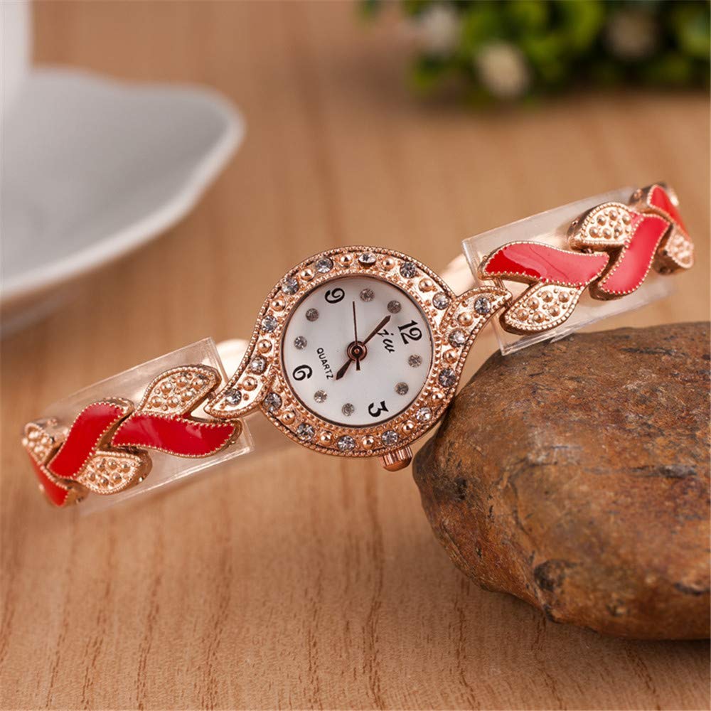 Elegant Crystal Bangle Bracelet Leaf Analog Quartz Watch for Women - 5 Pack Wholesale Wristwatches with Stainless Steel Band | Perfect for Office, Party & Daily Fashion Accessories