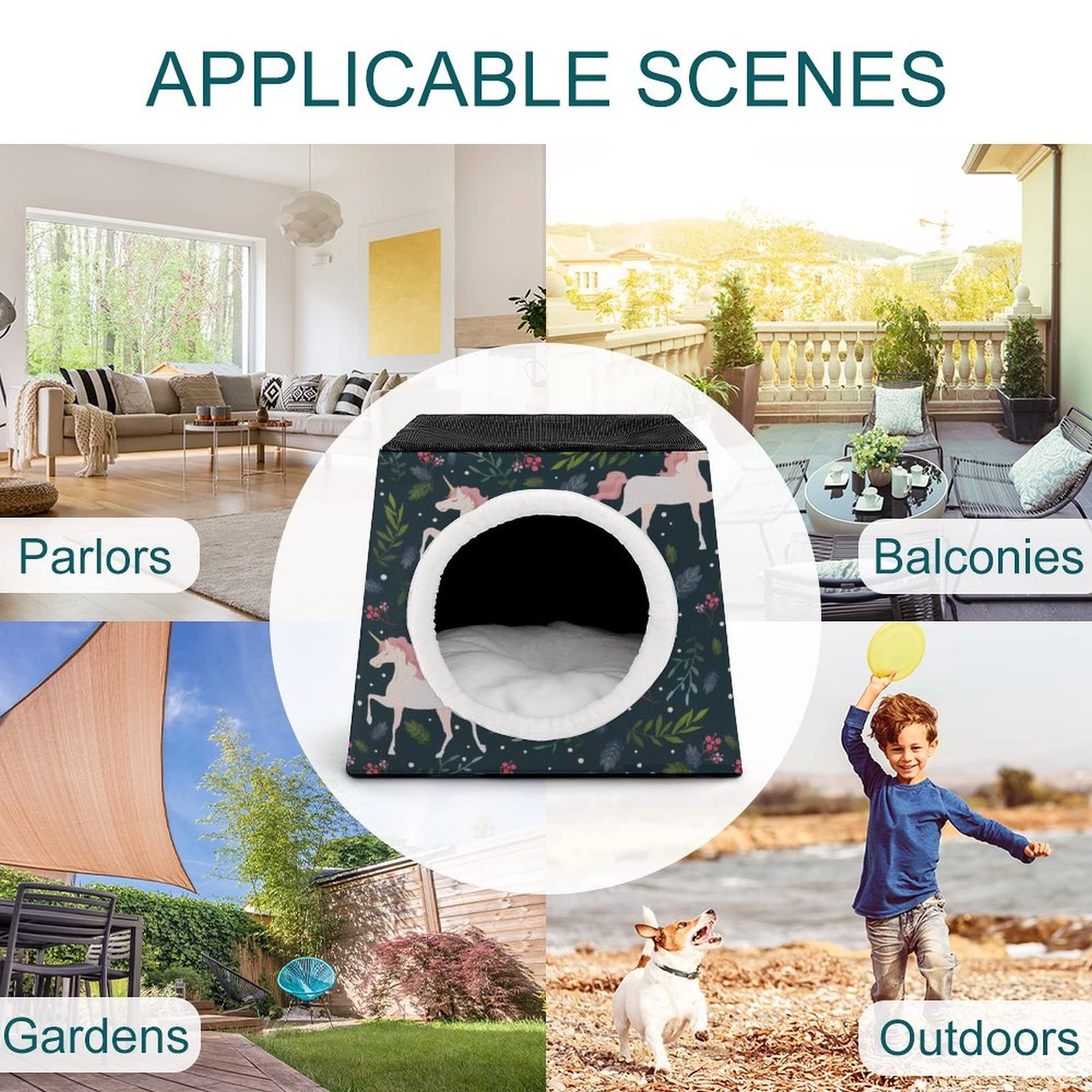 3-in-1 Foldable Cat House with Removable Cushion - Cat Bed, Sofa & Scratching Toy for Indoor Cats (Unicorn Dark Green) - Perfect for Small Spaces, Apartment Living & Multi-Cat Homes