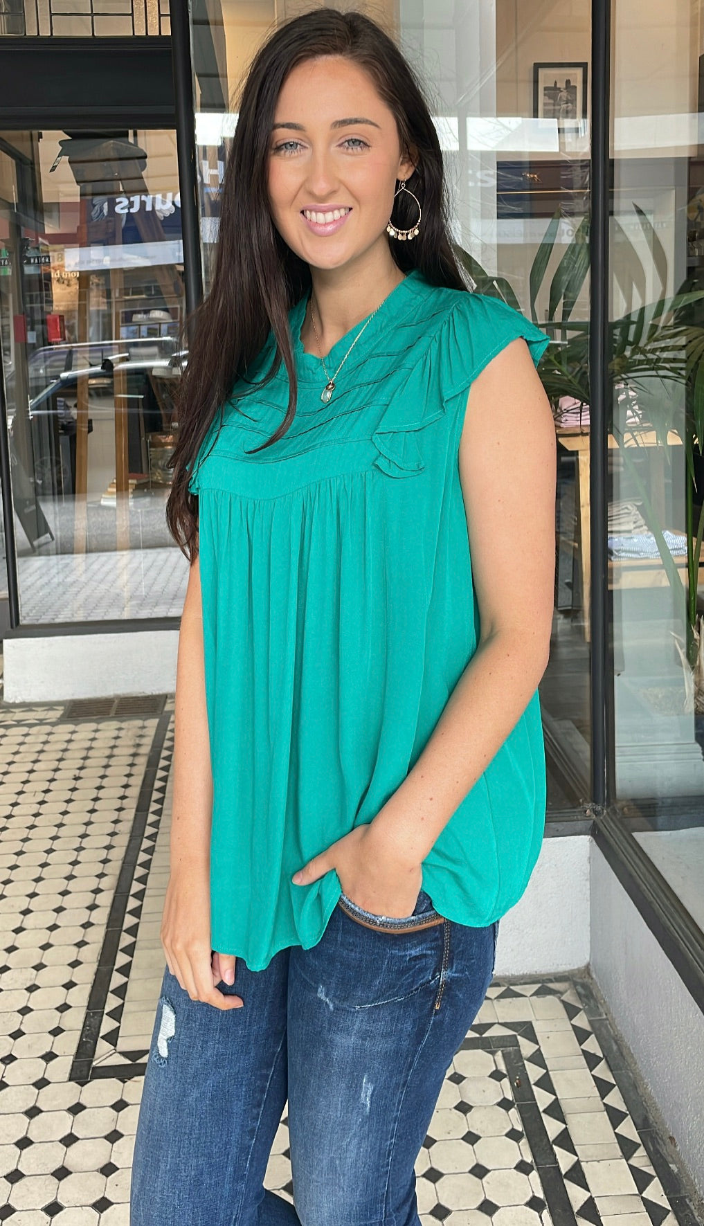 Holly Ruffled Cap Sleeve Women's Blouse - Elegant Green Floral Summer Top for Casual Wear, Date Night & Office Outfits