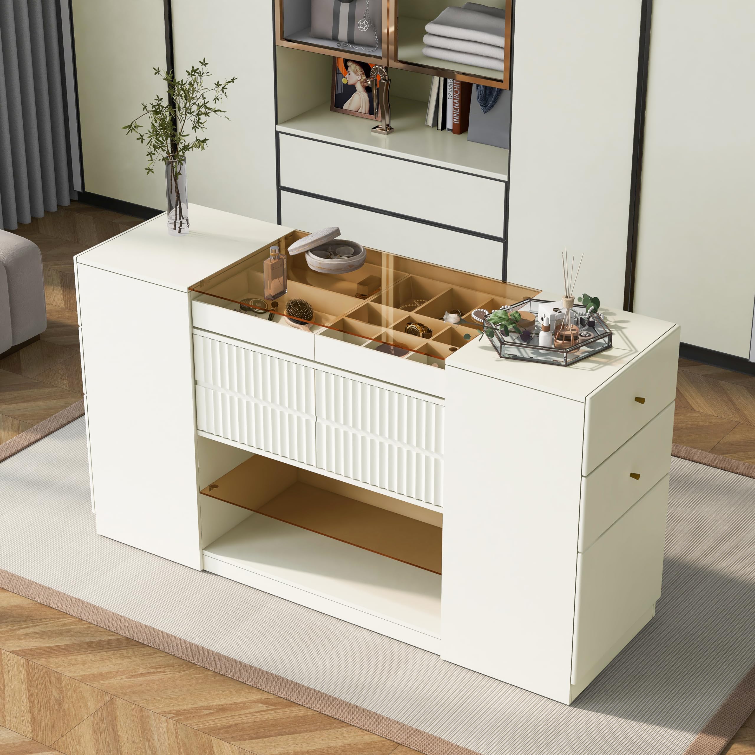 Modern White Wooden Armoire with Glass Top & 6 Drawers - Multi-Functional Bedroom Storage Cabinet for Walk-in Closets, Wardrobe Organization & Display Shelf - Perfect for Master Bedrooms, Guest Rooms & Apartment Living