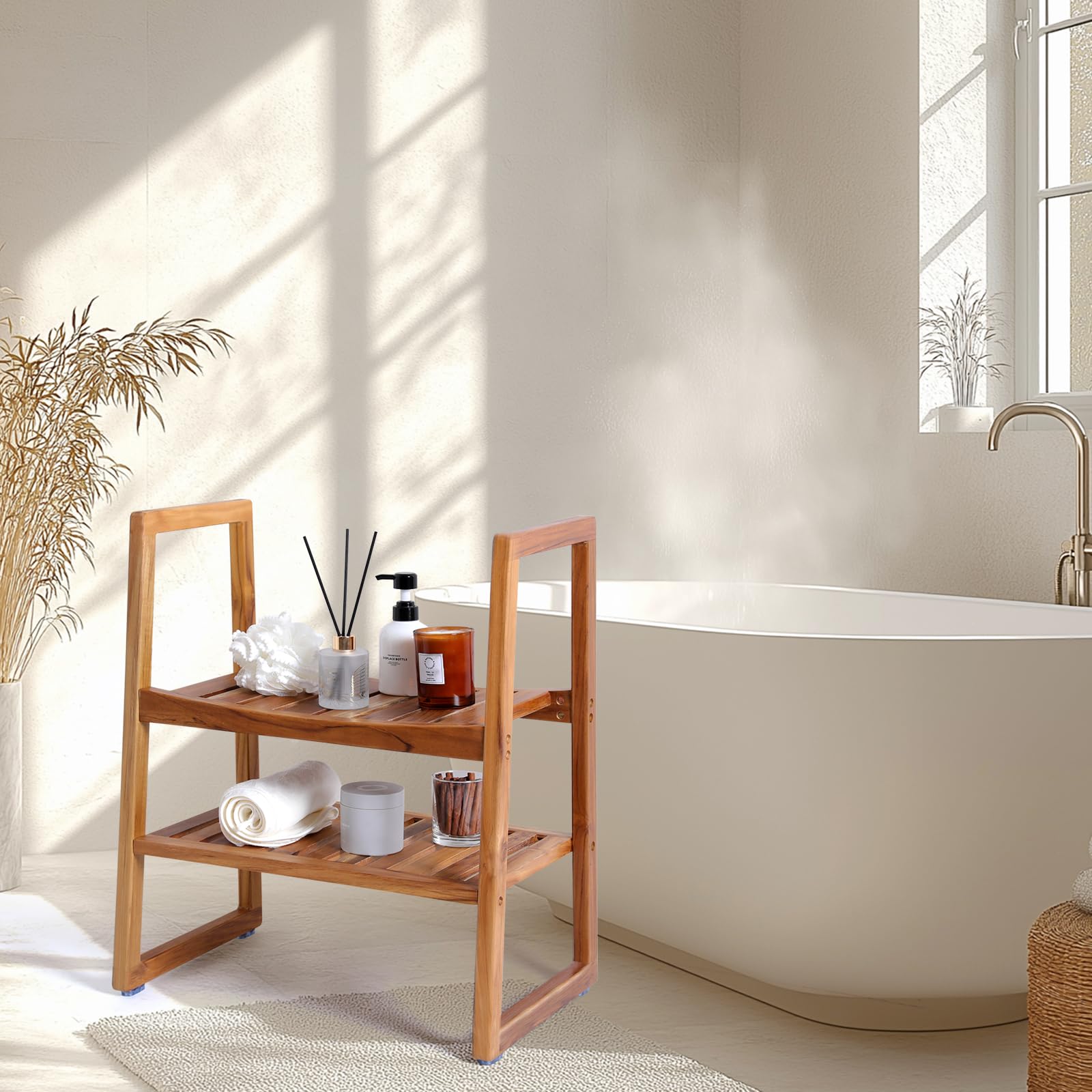 Premium Teak Shower Bench with Arms & 2-Tier Storage Shelf - 21