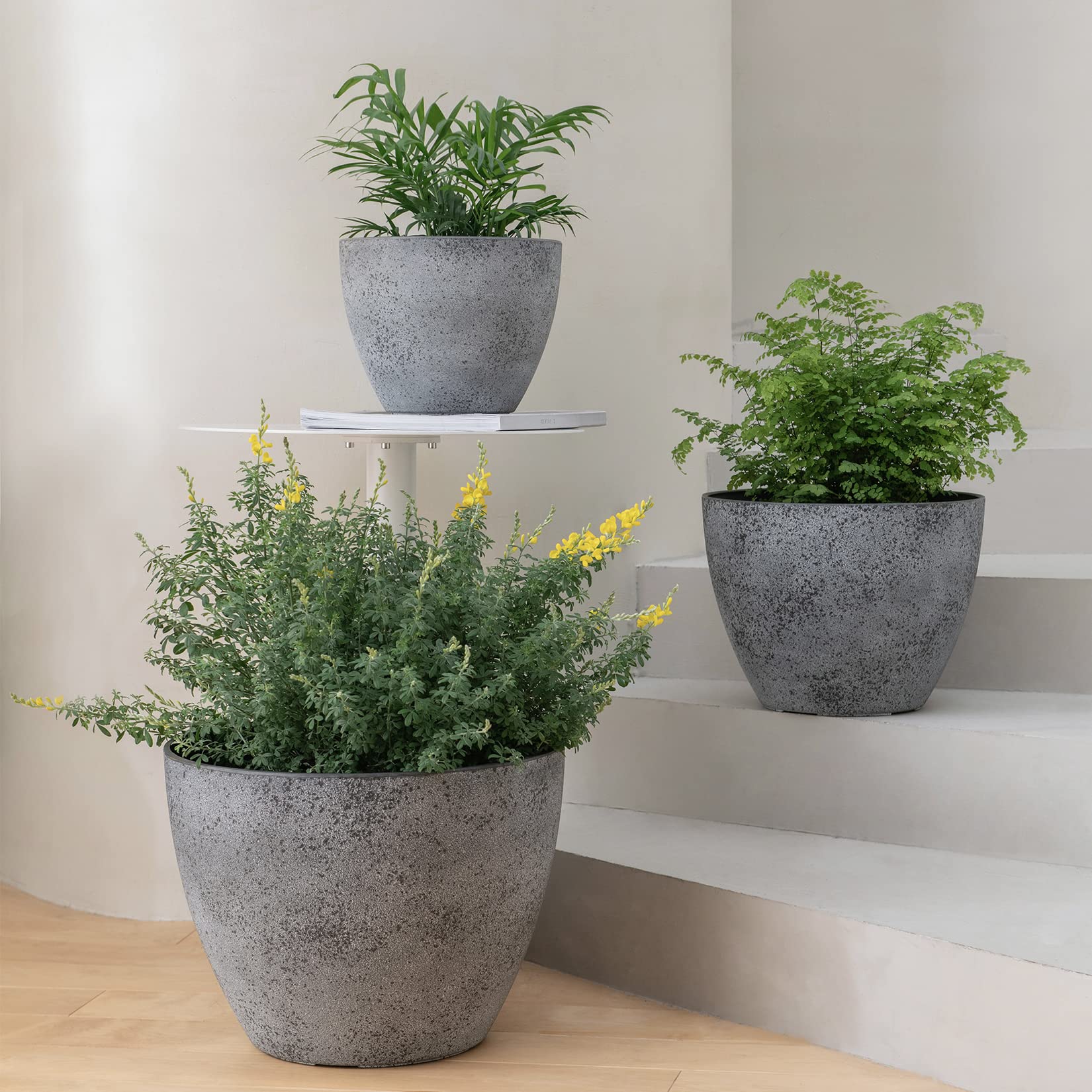 LA JOLIE MUSE 14.2/11.3/8.6 Inch Round Planters Set of 3 - Indoor Outdoor Grey Tree Plant Pots with Drain Holes - Modern Flower Containers for Patio, Deck, Garden, Balcony & Home Decor