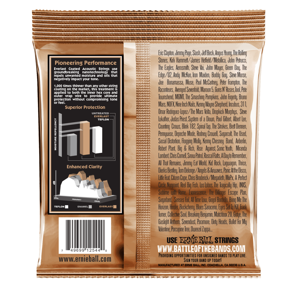Ernie Ball Everlast Medium Coated Phosphor Bronze Acoustic Guitar Strings 13-56 Gauge - Long-Lasting Tone for Live Performances & Studio Recording