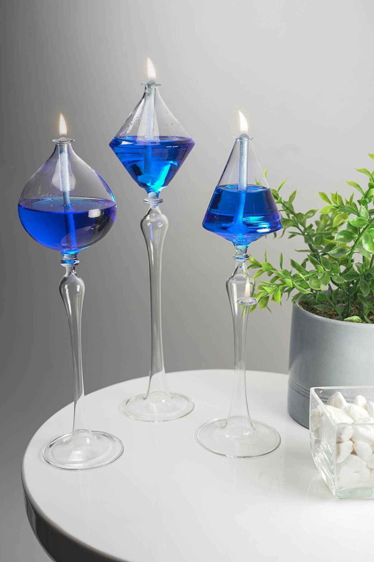 Handmade Clear Glass Candlestick Oil Lamp with Glass Wick - Decorative Wedding Gift Set of 3, Home Table Decor for Romantic Dinners, Wedding Centerpieces & Cozy Ambiance Lighting