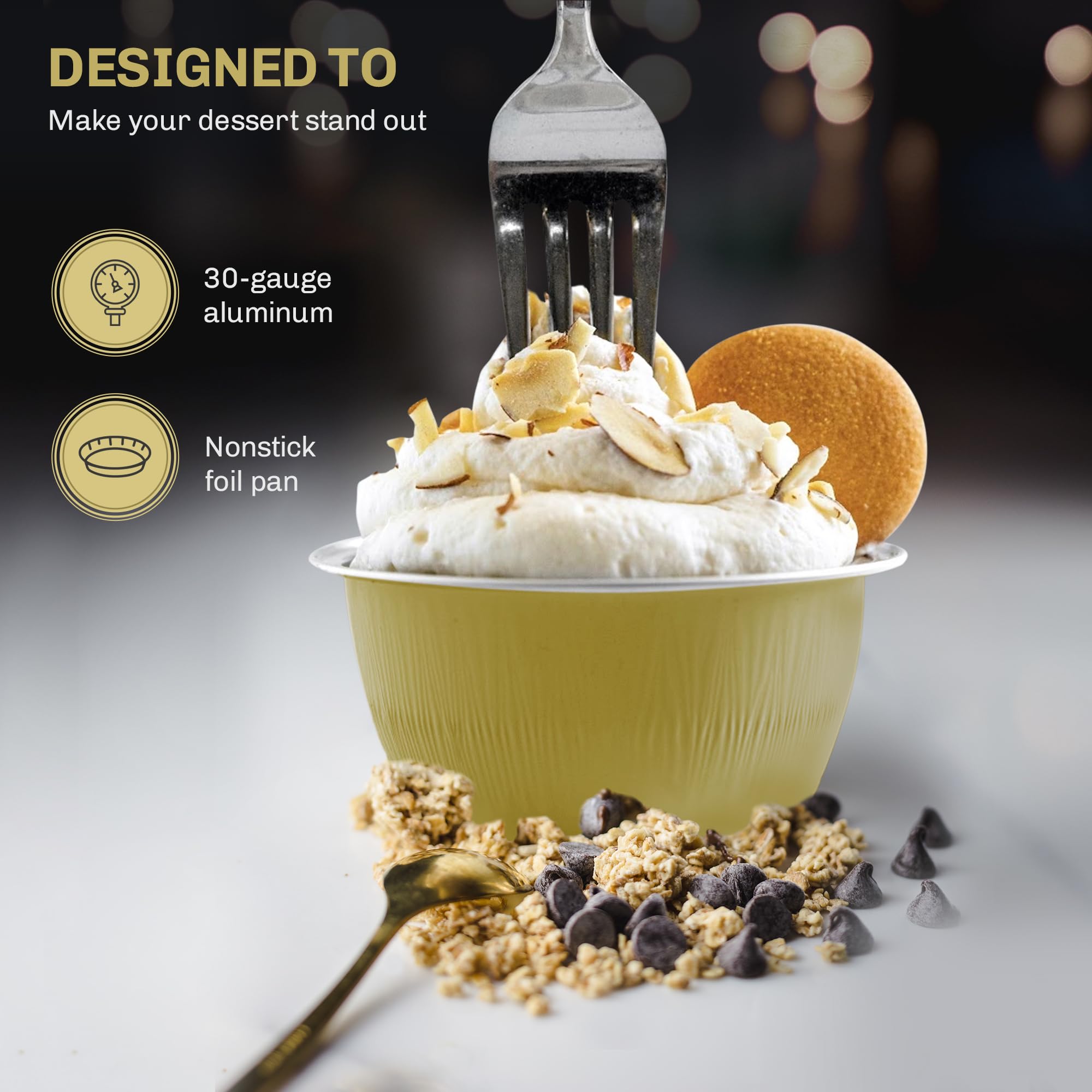 KitchenDance 4oz Disposable Gold Aluminum Baking Cups with Flat Lids - 2000 Pack Colored Foil Pans for Creme Brulee, Flan, Cupcakes & Desserts - Perfect for Home Baking, Party Catering & Restaurant Use