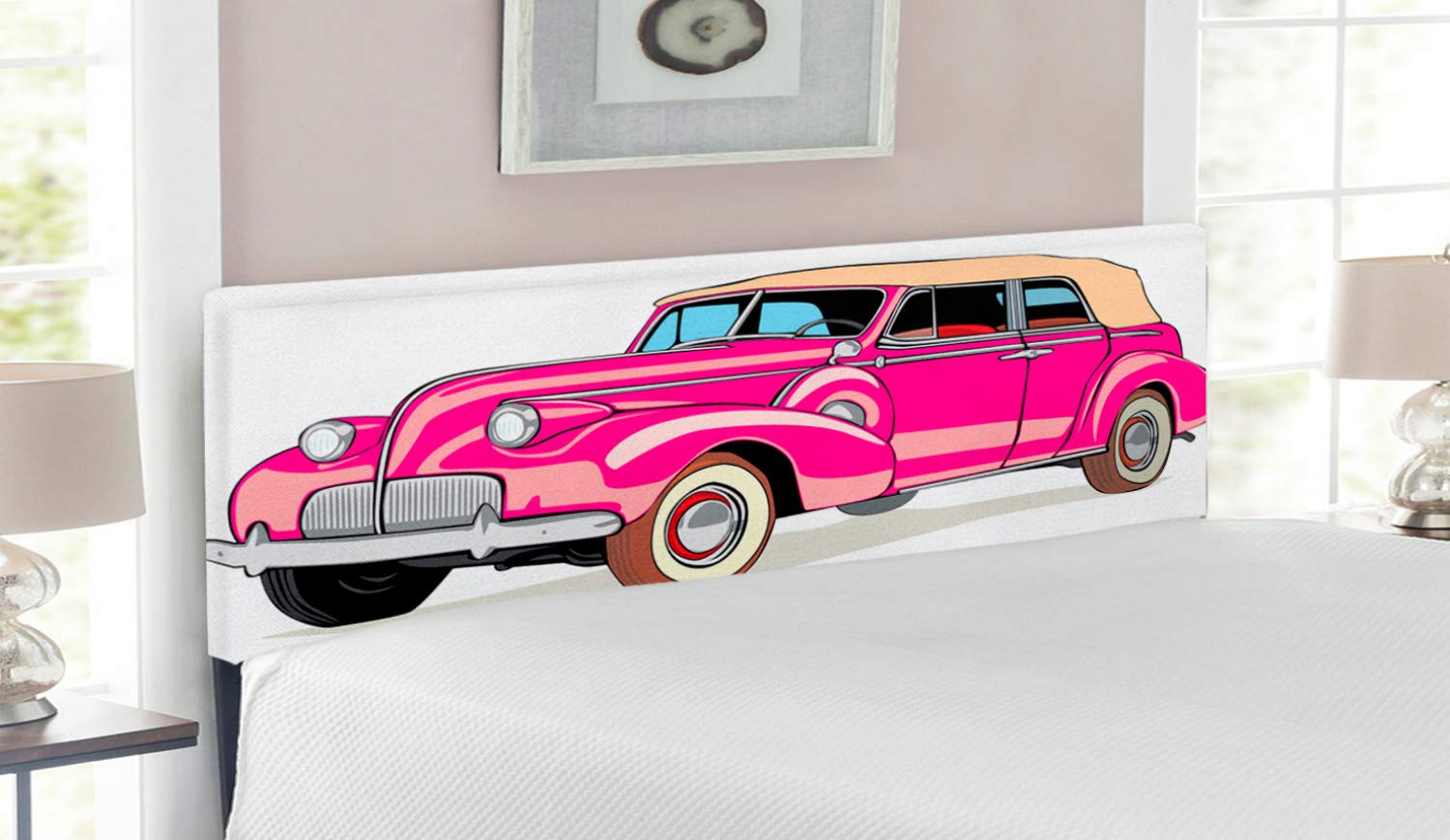 Vintage Car Themed Upholstered Headboard - Ambesonne 50s Convertible Design with Memory Foam, Queen Size Bed Frame in Hot Pink Peach | Retro Automotive Decor for Bedroom, Kids Room & Man Cave