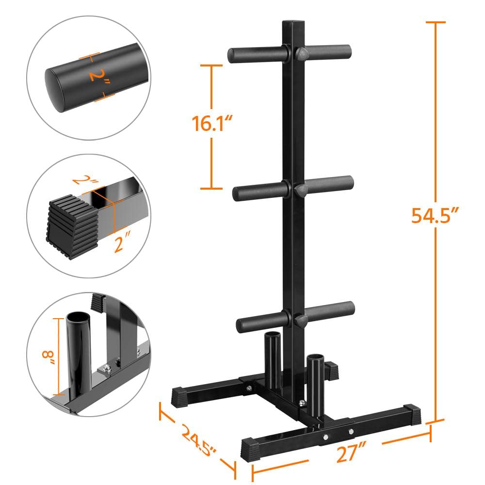 Topeakmart Olympic Weight Plate Tree Rack - Heavy Duty Bumper Plate Holder with 2 Barbell Storage - Perfect for Home Gym & CrossFit Training - Black