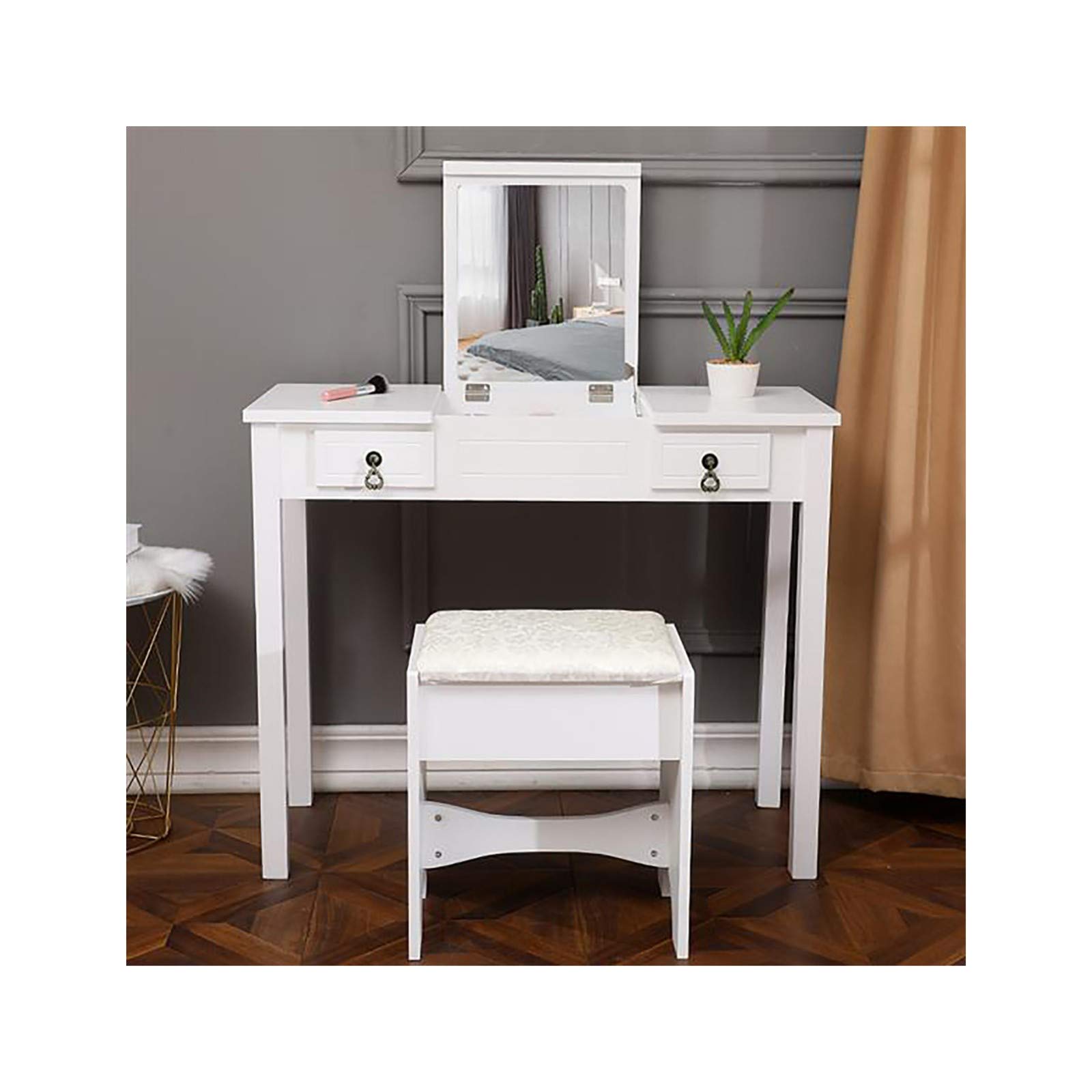 White Mirrored Dressing Table with Flip Mirror & Double Drawers - Elegant Bedroom Vanity Desk for Makeup & Jewelry Organization | Perfect for Master Bedroom, Guest Room or Dorm Decor
