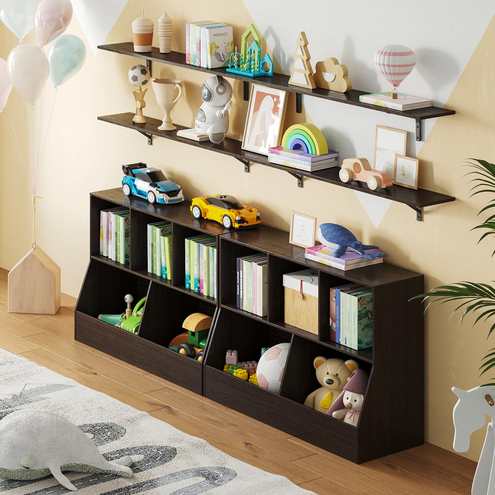 DINZI LVJ 5-Cubby Wooden Toy Storage Organizer & Kids Bookshelf - Espresso Toy Cabinet & Bookcase for Playroom, Bedroom, Nursery - 43.3