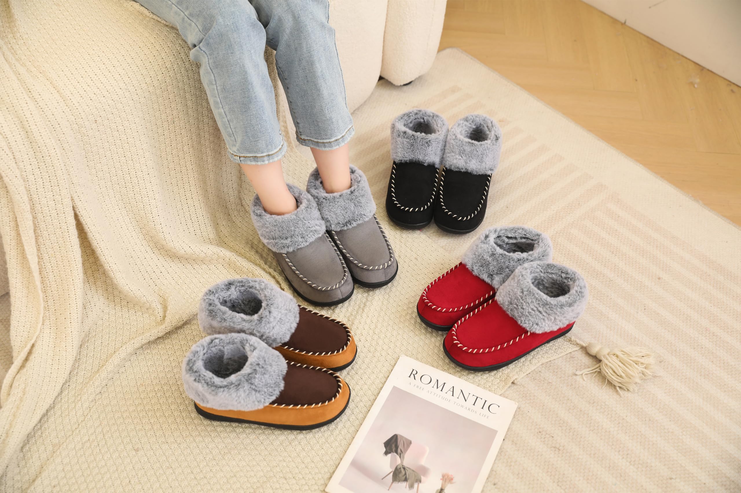 VONMAY Women's Winter Bootie Slippers - Cozy Suede Moccasin Boots with Plush Faux Fur & Memory Foam - Non-Slip Indoor/Outdoor House Shoes for Warm Comfort (Perfect for Lounging, Errands & Cold Weather)