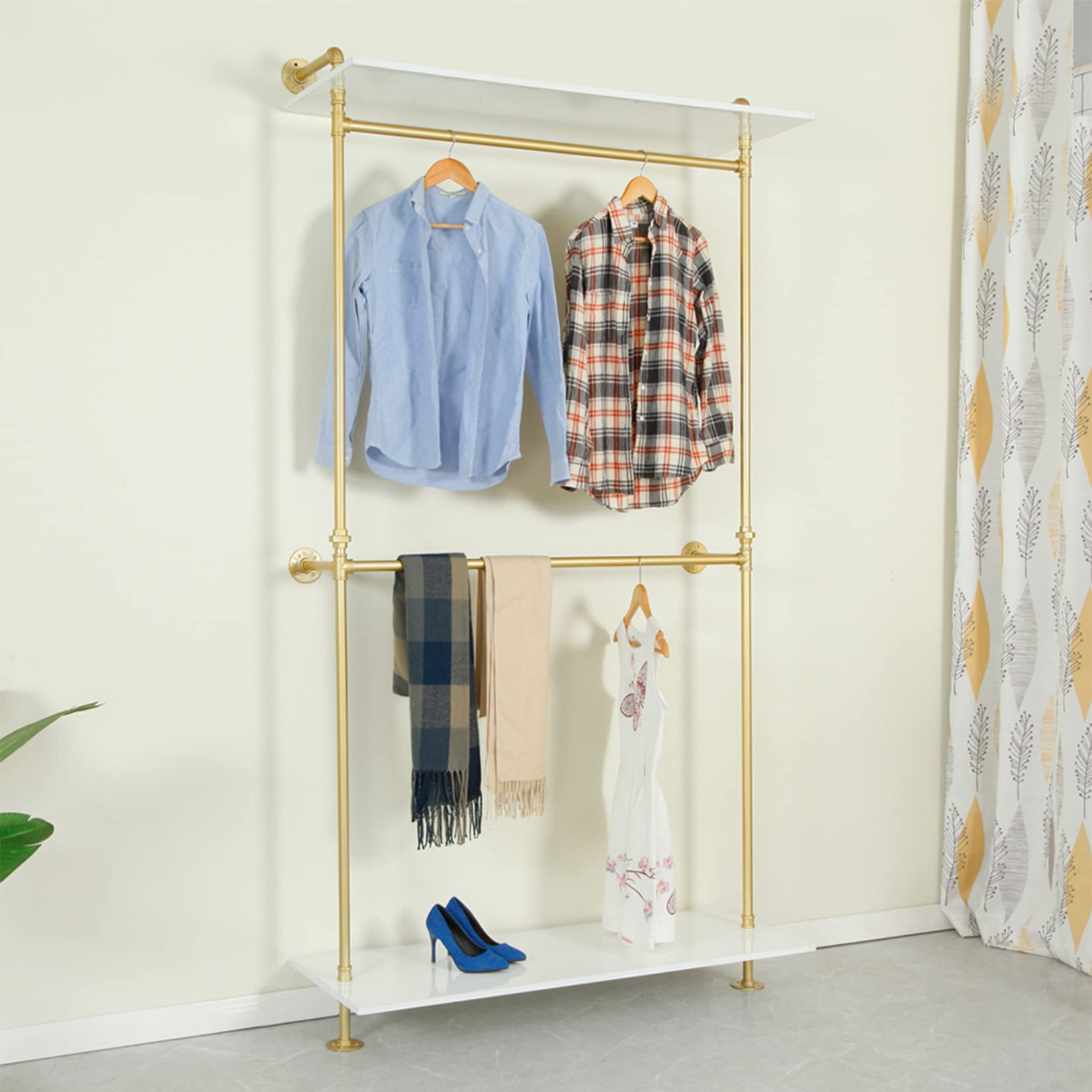Modern Industrial 2-Tier Pipe & Wood Garment Rack - Wall Mounted Clothing Storage with Shoe Bag & Hanging Shelves - Space Saving Retail Display Stand for Boutique, Bedroom or Closet Organization (Gold, 47.2