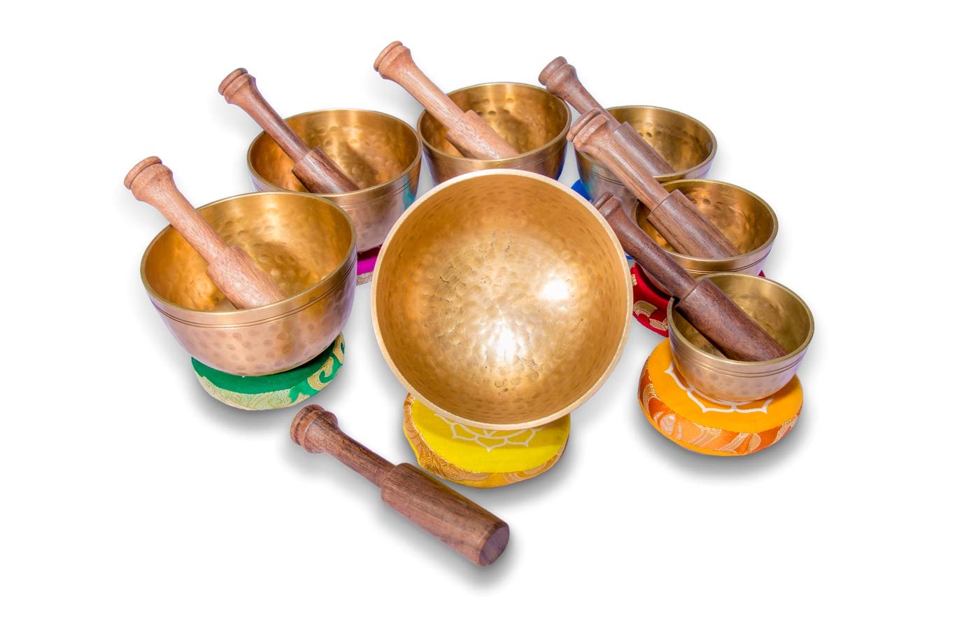 Authentic Tibetan Singing Bowl Set of 7 - Handcrafted in Nepal with 7 Sacred Metals for Yoga, Meditation, Chakra Healing & Stress Relief | Includes Silk Cushions & Striking Sticks | Perfect for Mindfulness Practice, Sound Therapy & Home Decor (MA-04)