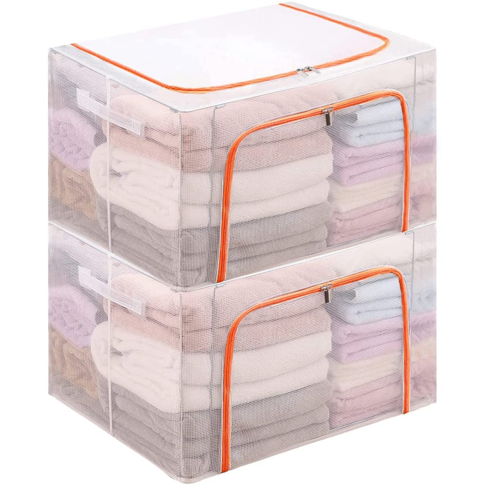 YLYLCUKI 2-Pack Clear Waterproof Clothes Storage Bags | Foldable Metal Bracket Organizer for Blankets, Comforters, Clothes & Toys | Durable Handles & 66L Capacity | Perfect for Closet, Bedroom & Travel Organization
