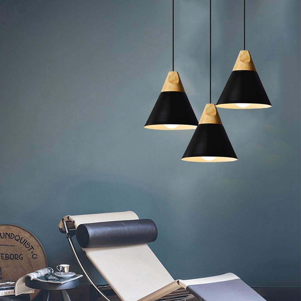 Modern Nordic Pendant Ceiling Light with Metal & Wooden Frame - E26/E27 Base, Black Metal Shade - Contemporary Hanging Lamp for Living Room, Bedroom, Dining Room, Kitchen, or Office Lighting