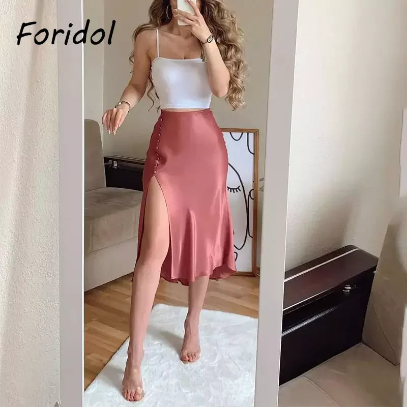 Foridol Women's High Waist Button Slit Midi Satin Skirt - Elegant A-Line Silk Skirt for Office & Autumn Wear | Perfect for Work, Date Night & Special Occasions