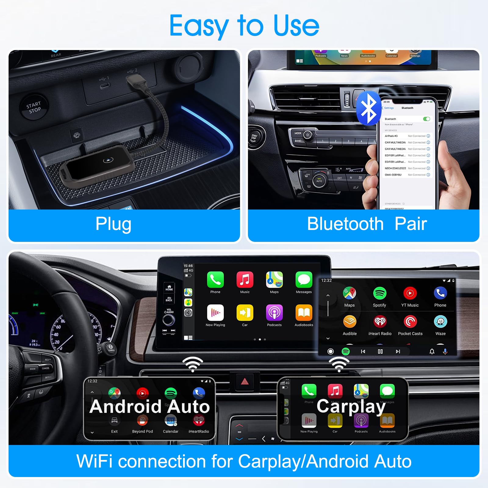 Wireless CarPlay & Android Auto Adapter - 2-in-1 Plug & Play Dongle for iPhone & Android - Convert Wired to Wireless - Compatible with iOS 10+ & Android 11+ - Perfect for Hands-Free Driving & Seamless Music Streaming