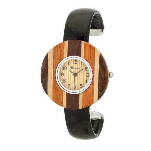 Brenna Black Wood-Inspired Leather Cuff Watch for Women - Stylish Casual & Dressy Timepiece for Everyday Wear, Office, and Special Occasions