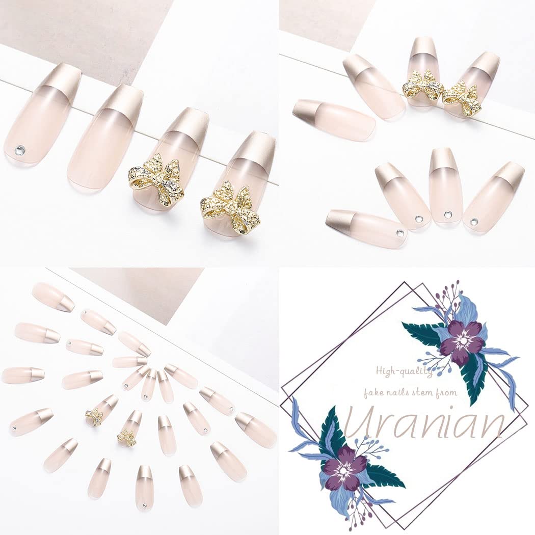 24pcs Luxury 3D Bowknot Acrylic Press-on Nails - Golden French Ballerina Coffin Fake Nails with Glossy Finish for Women & Girls | Perfect for Parties, Weddings & Special Occasions