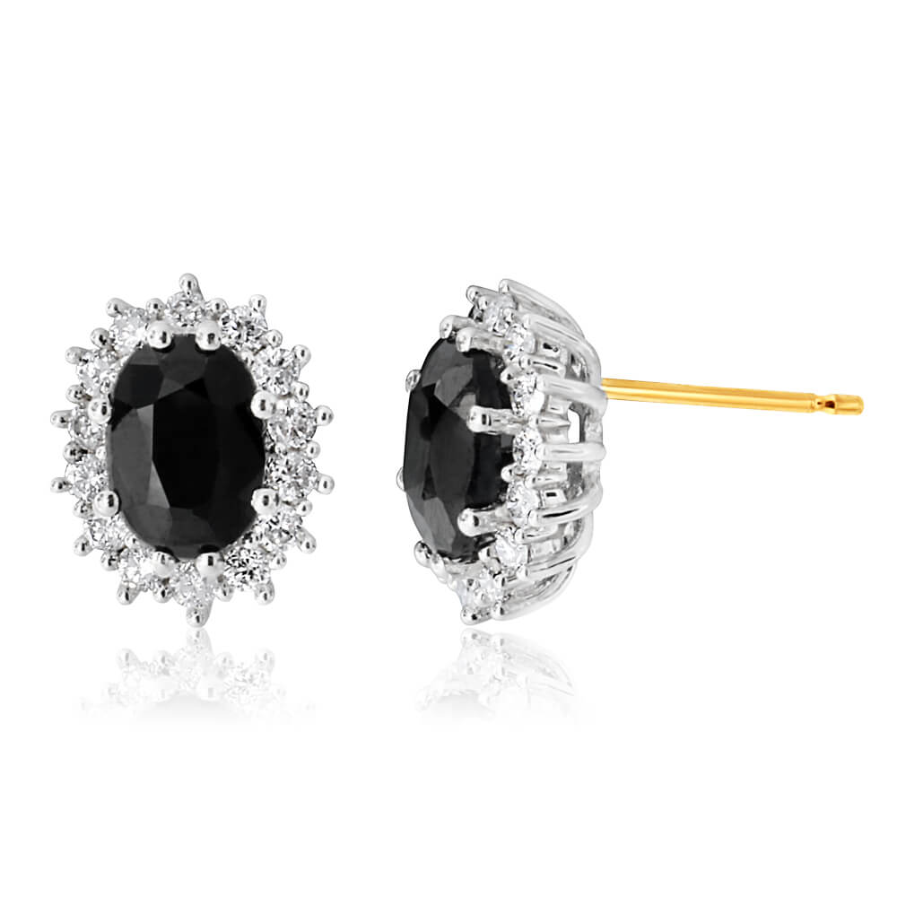 9ct Yellow Gold 7x5mm Oval Cut Natural Sapphire & 0.42ct Diamond Stud Earrings for Women - Elegant Jewelry Gift for Anniversary, Wedding & Special Occasions