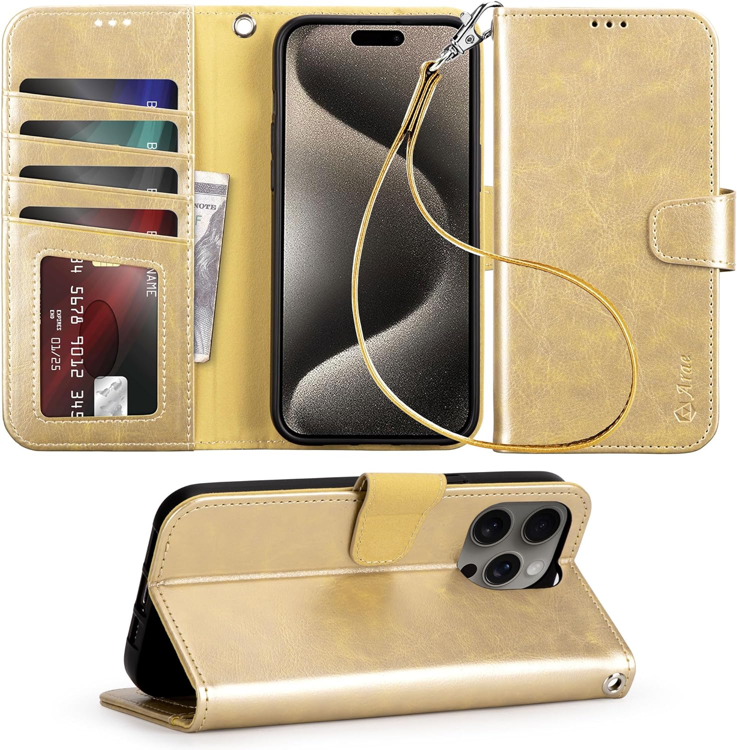 iPhone 15 Pro Case with Card Holder & Wrist Strap - Slim Wallet Flip Cover in Rose Gold | Perfect for Everyday Use, Travel & Hands-Free Convenience