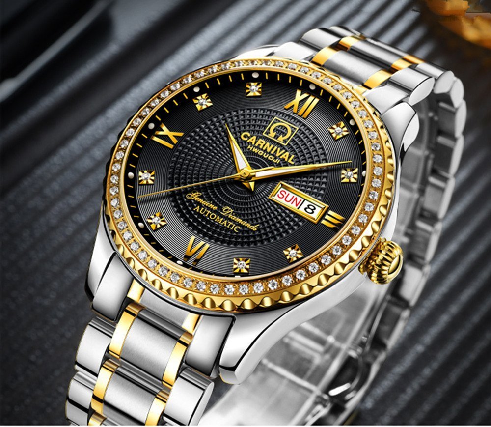 Gosasa Swiss Made Men's Luxury Gold Watch - Automatic Analog Display with Calendar, Week Indicator & Luminous Hands - 18K Gold Plated Stainless Steel Diamond Watch for Business, Formal Events & Special Occasions
