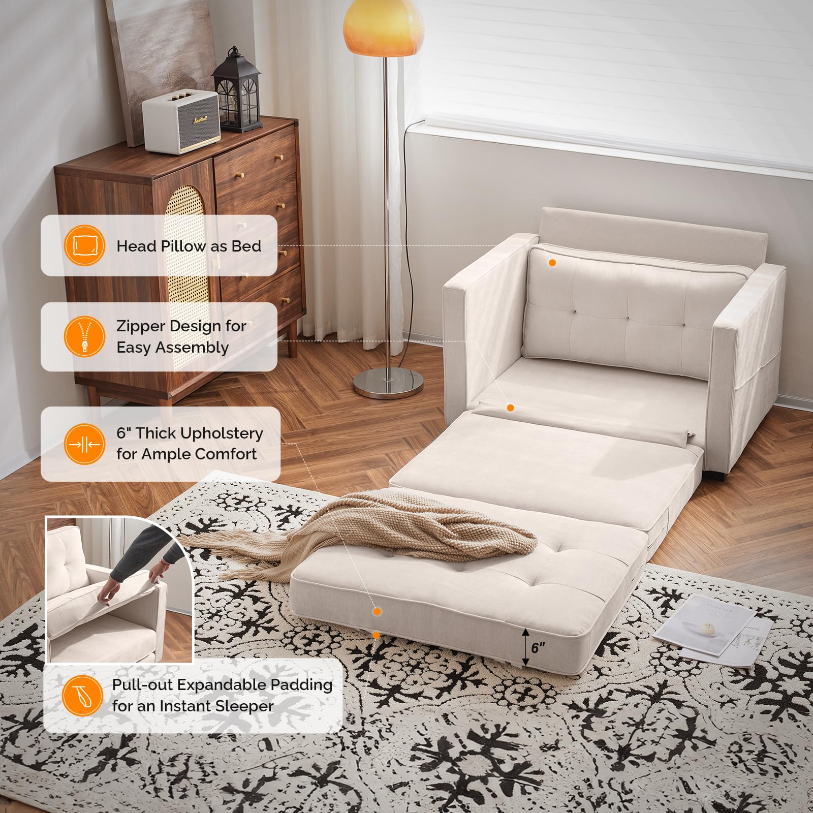 VINGLI Convertible Sleeper Chair Bed - Foldable Sofa Bed for Living Room, Office & Guest Room - Single Futon Couch in Beige - 43