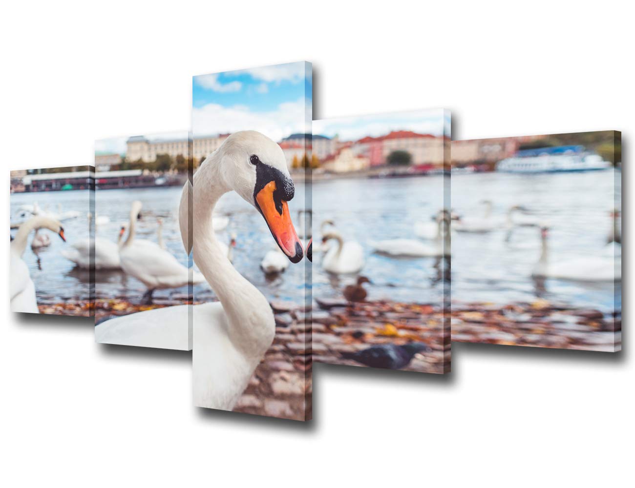 White Swan Lake Water Scene Canvas Wall Art - 5 Panel Modern Abstract Nature Painting for Living Room, Bedroom & Office - Zen Meditation Wall Decor for Relaxation - Perfect Gift for Housewarming, Birthday & Holidays - Creates Calming Atmosphere for Home, Spa, Yoga Studio & Wellness Centers