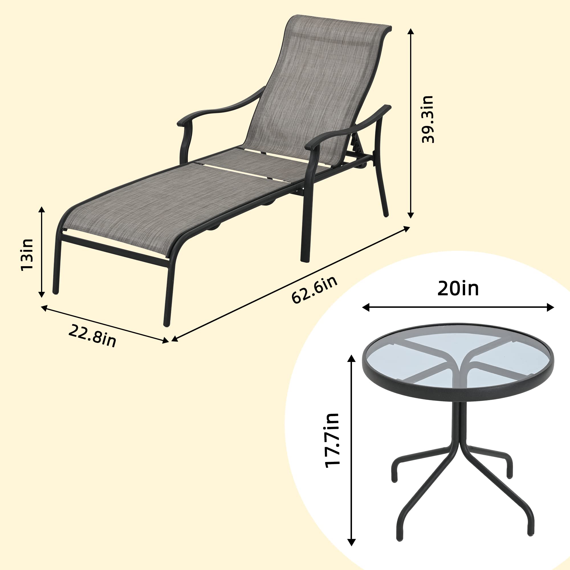 HAPPATIO 6-Piece Patio Chaise Lounge Set with Glass Coffee Table - Breathable Textilene Fabric Outdoor Pool Lounge Chairs (Gray) - Perfect for Backyard, Poolside, and Patio Relaxation