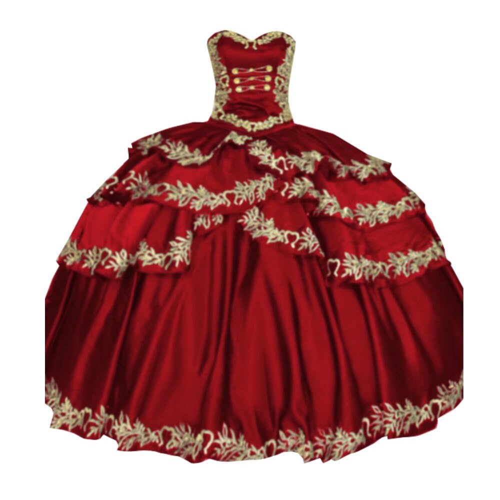 Sweetheart Satin Ball Gown Quinceanera Dress | Mexican Gold Embroidered Sweet 16 Prom Dress | Layered Corset Design | Perfect for Quinceañera, Sweet 16, Prom & Formal Events | 2025 Collection