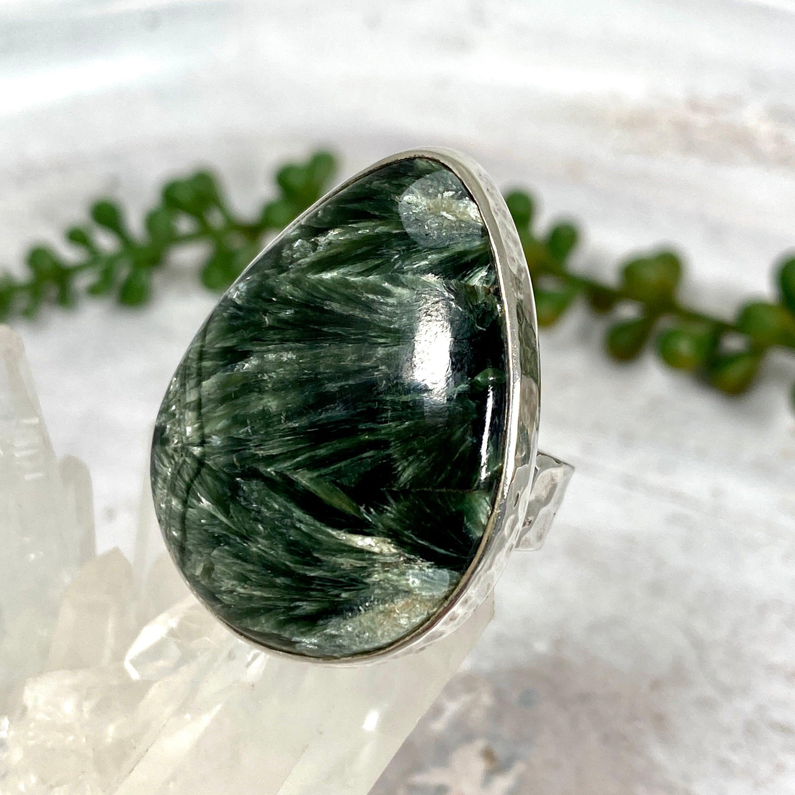 Seraphinite Teardrop Beaten Band Ring - Size 10 - KRGJ1633 - Elegant Bohemian Jewelry for Women, Perfect for Weddings, Parties & Everyday Wear