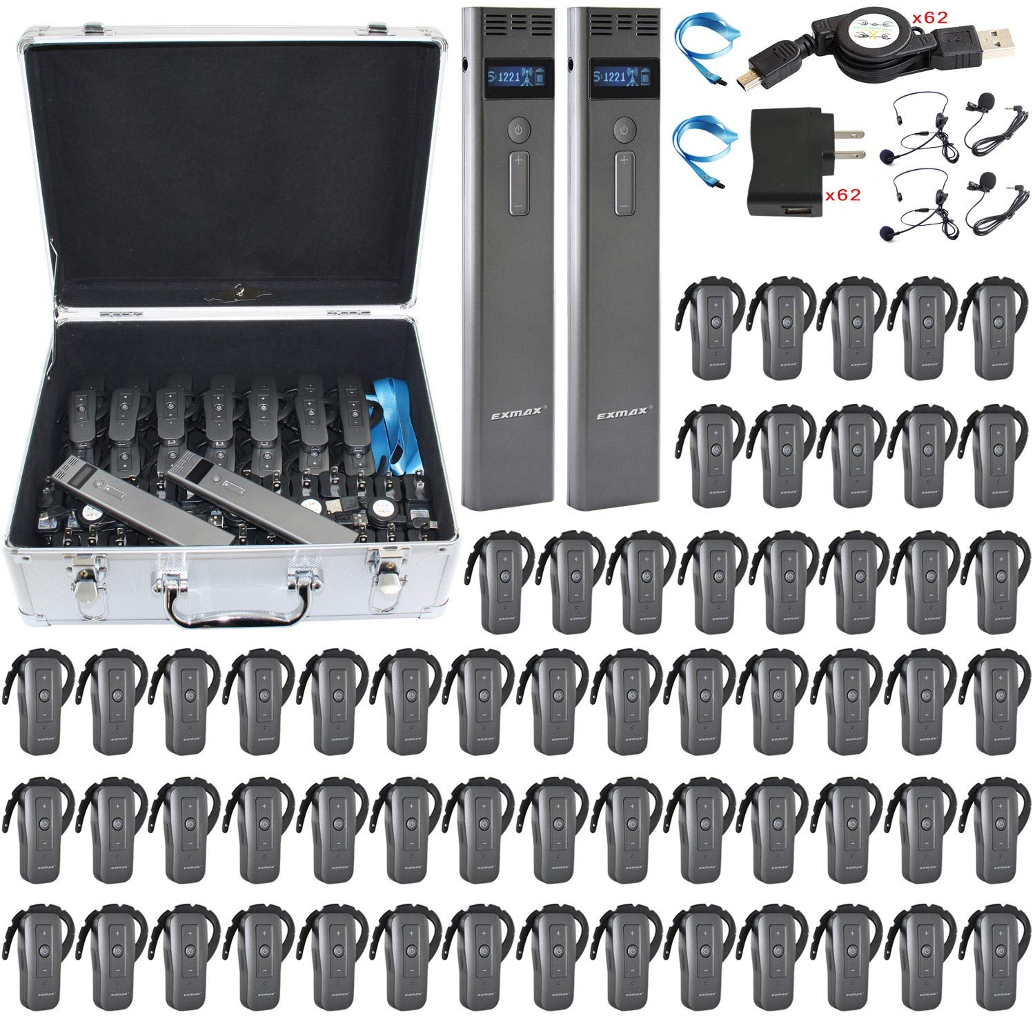 EXMAX EXD-6688 Professional Church Assisted Listening System - 2 Transmitters & 60 Receivers with Storage Case - 9999 Channel Wireless Microphone Headset for Performing Arts, International Conventions, Travel - Ideal for Houses of Worship, Theaters, and Large Events