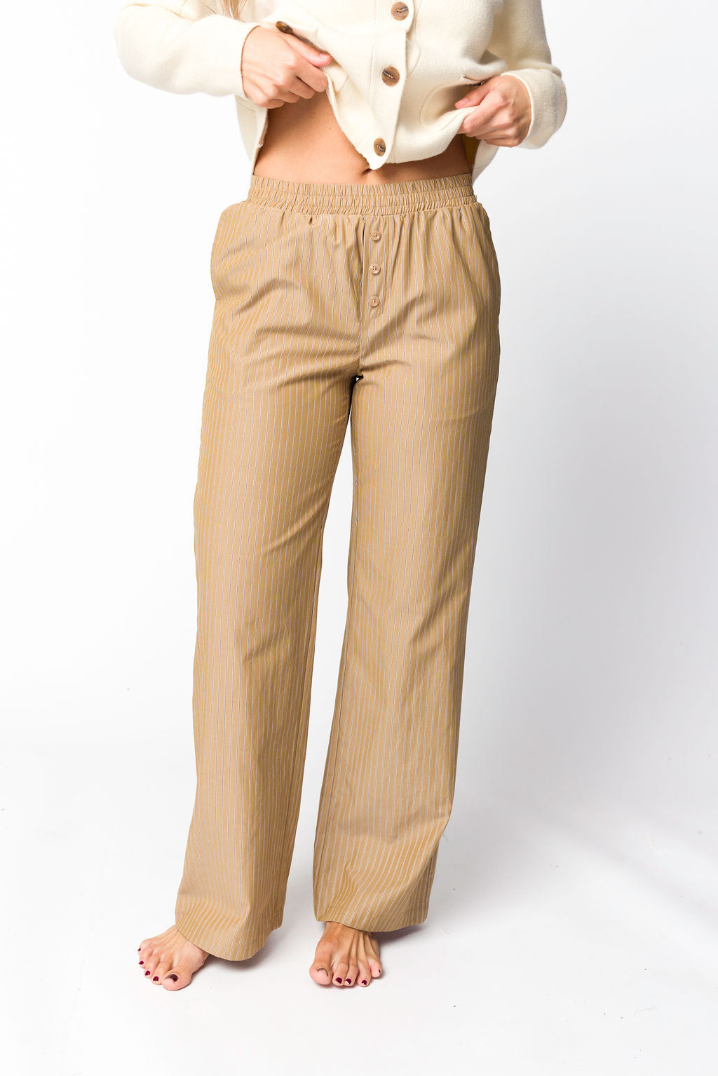 Michelle Striped Pajama Pants for Women - Soft Cotton Lounge Pants with Elastic Waist - Camel Color Sleepwear & Home Wear for Relaxing, Lounging, and Travel