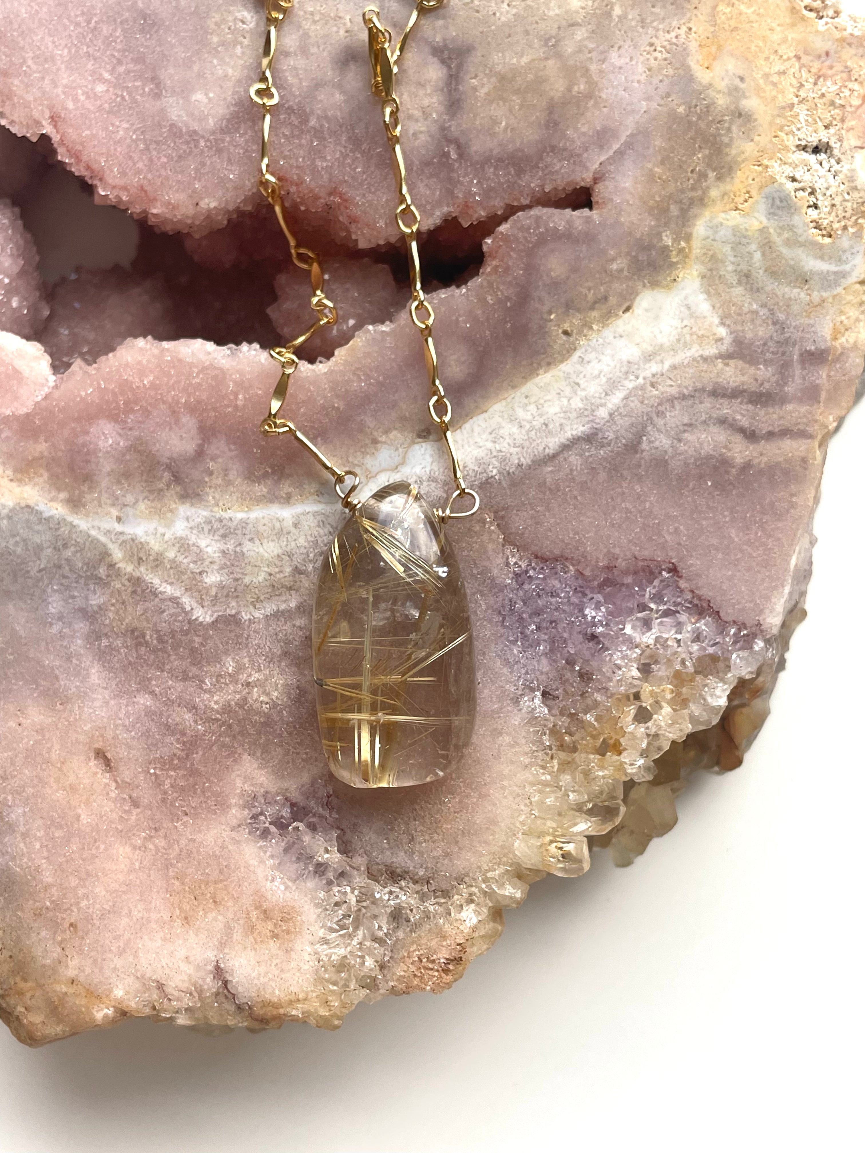 Golden Rutilated Quartz Necklace - Healing Crystal Jewelry for Women, Spiritual Energy & Chakra Balancing | Perfect for Meditation, Yoga & Everyday Wear