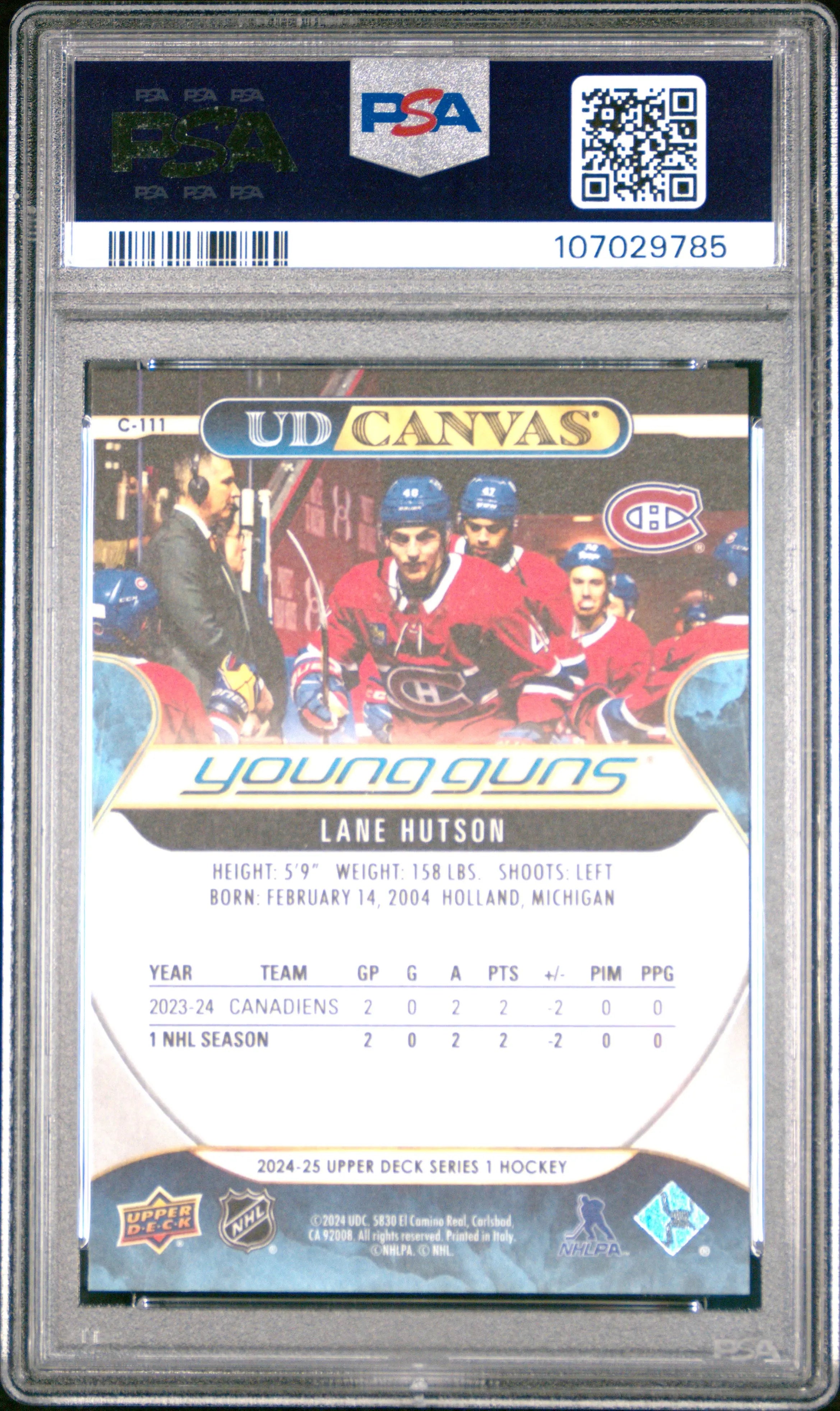 2024 Upper Deck Series 1 UD Canvas Young Guns Rookie Card - Lane Hutson PSA 10 Gem Mint - Perfect for Hockey Card Collectors & Sports Memorabilia Enthusiasts