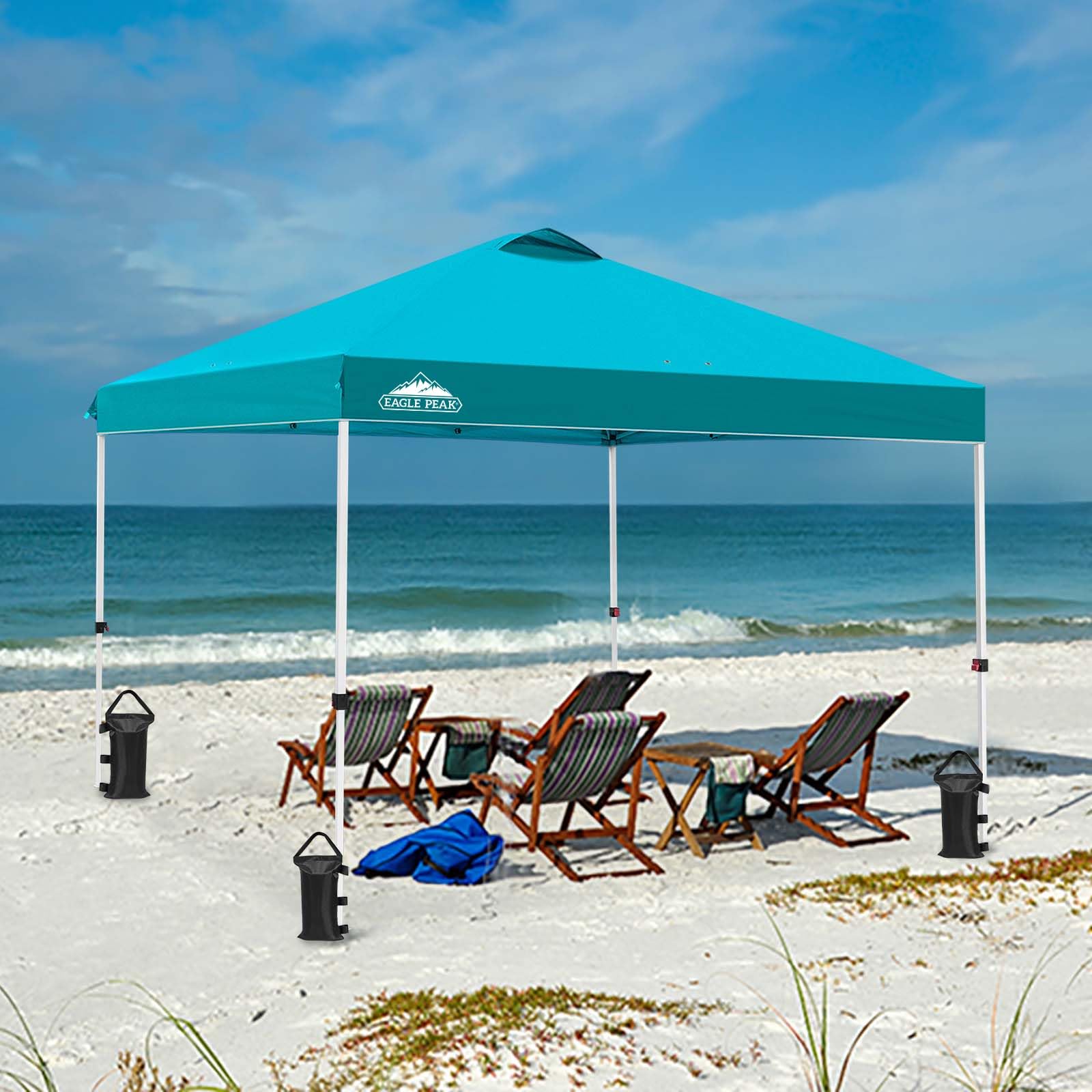 EAGLE PEAK 10x10 ft Pop Up Canopy Tent with Wheeled Carry Bag - Portable Instant Shelter for Outdoor Events, Beach, Camping & Backyard Parties - Includes 8 Stakes, 4 Ropes & 4 Weight Bags - Easy Setup 100sqft Shade in Turquoise