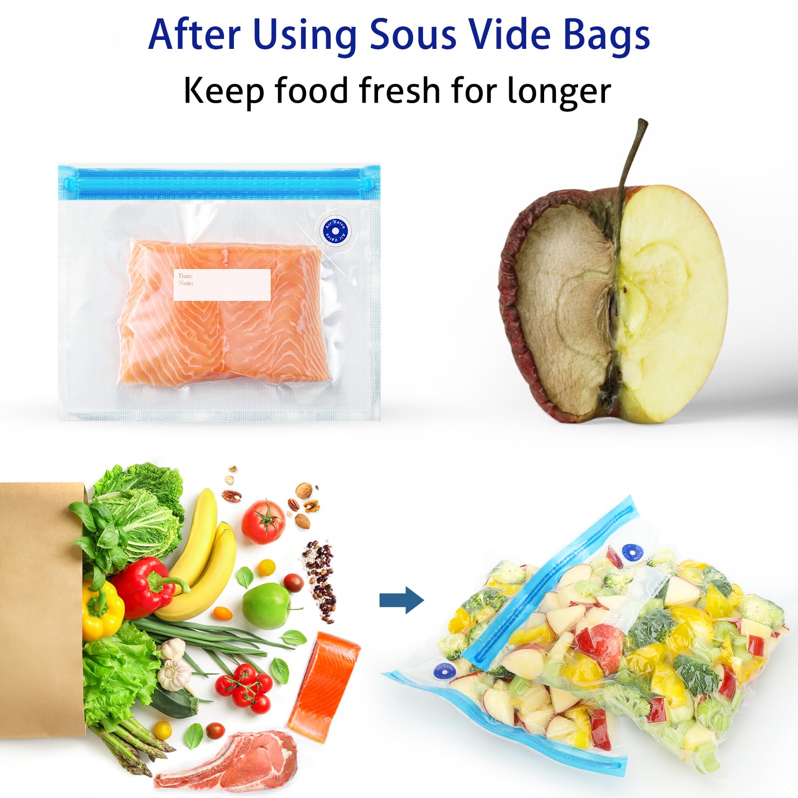 **31 Pcs Reusable BPA-Free Sous Vide Bags - 24 Vacuum Zipper Bags, 2 Seal Clips & 5 Air Valves (13x10 in) | Food Storage, Cooking, Microwave Safe | Perfect for Meal Prep, Sous Vide Cooking & Freezer Storage**