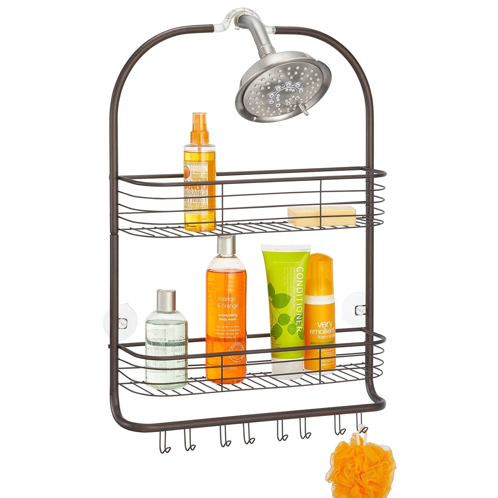 mDesign Extra Wide Hanging Shower Caddy Organizer - 2-Tier Metal Wire Bathroom Storage with Built-In Hooks & Baskets for Shampoo, Body Wash, Loofahs - Bronze Finish | Perfect for Small Bathrooms & Space-Saving Shower Organization