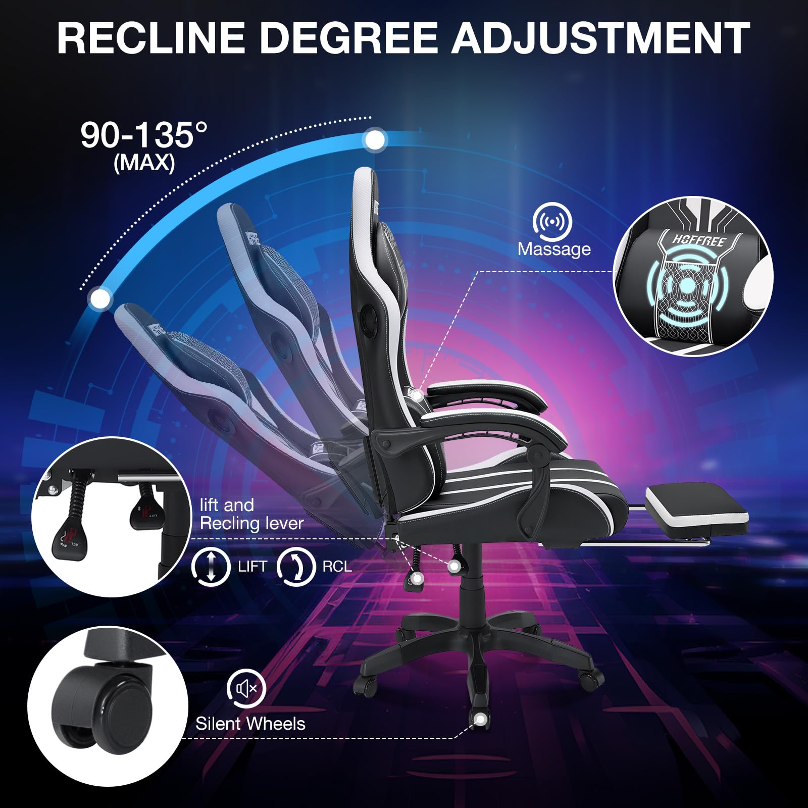 HOFFREE LED Gaming Chair with Massage & Bluetooth Speakers - Ergonomic Big and Tall PC Gaming Chair with Adjustable Footrest - Heavy Duty 400lbs Capacity Computer Desk Chair for Adults (White & Black) - Perfect for Esports, Streaming & Home Office Setup